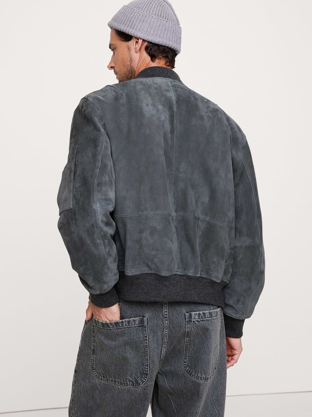 Suede Bomber Jacket with Quilted Lining - Dusk Gray