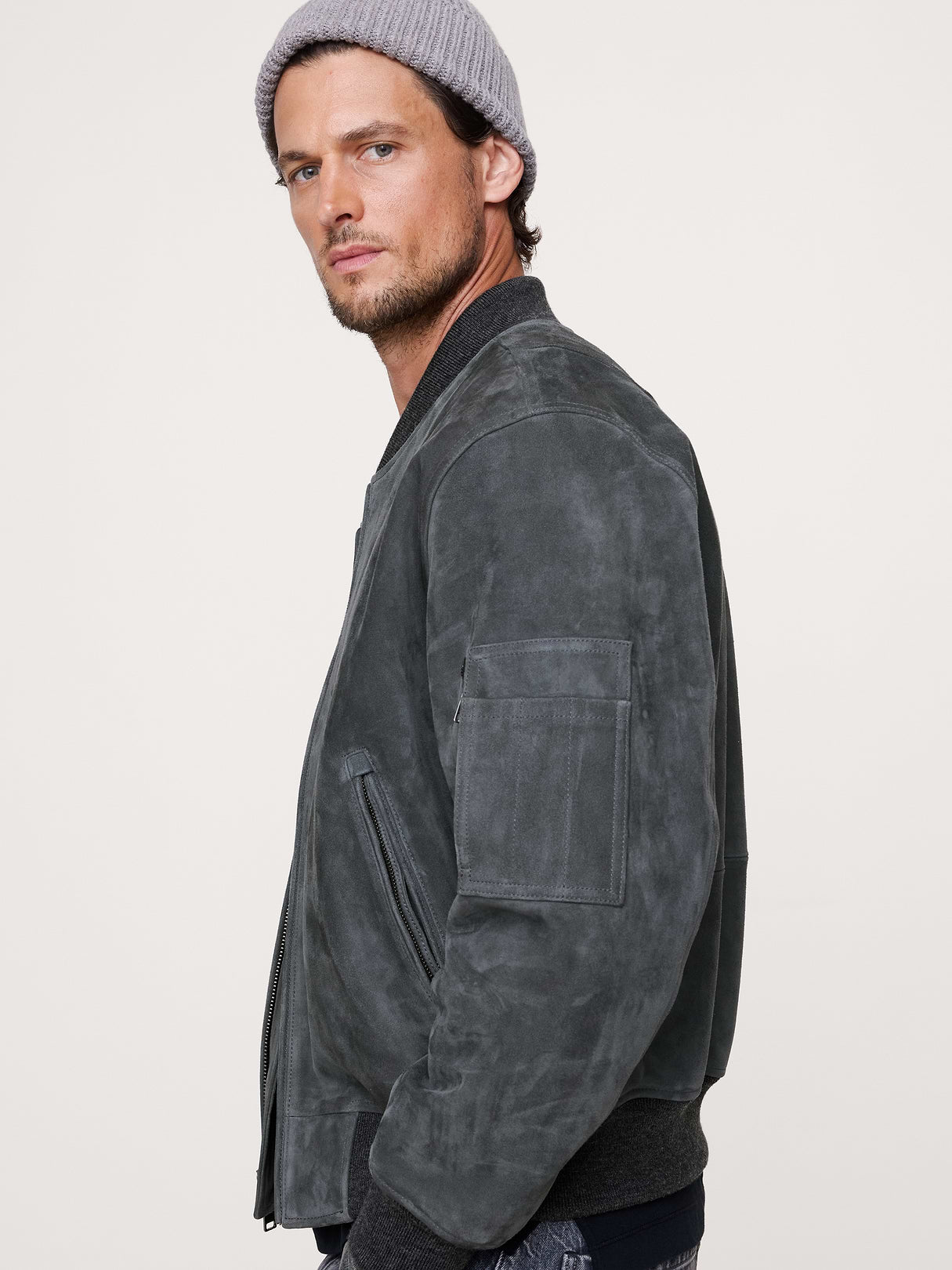 Suede Bomber Jacket with Quilted Lining - Dusk Gray