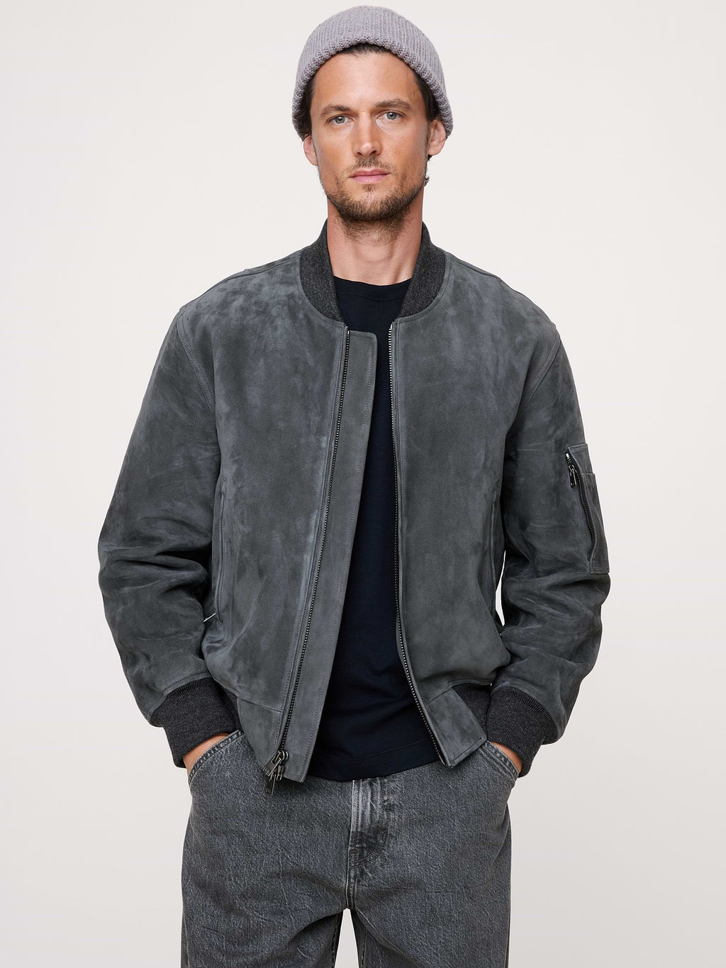 Suede Bomber Jacket with Quilted Lining - Dusk Gray