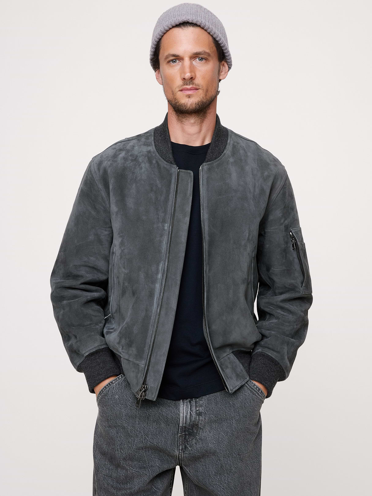 Suede Bomber Jacket with Quilted Lining - Dusk Gray