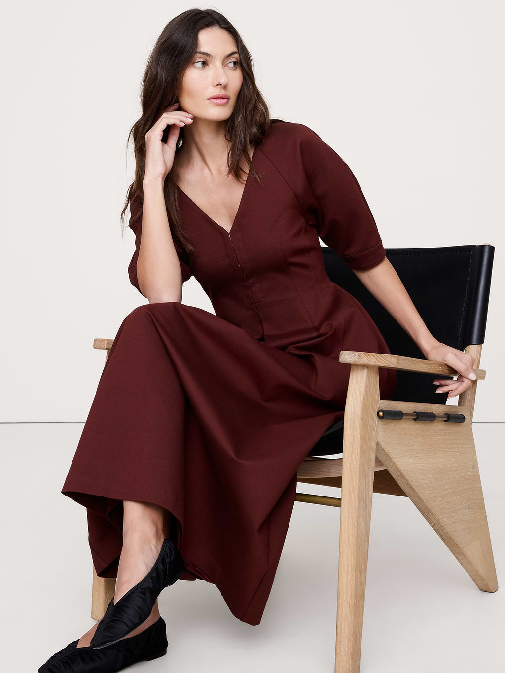 Ponte Puff-Sleeve Maxi Dress - Redwood Burgundy