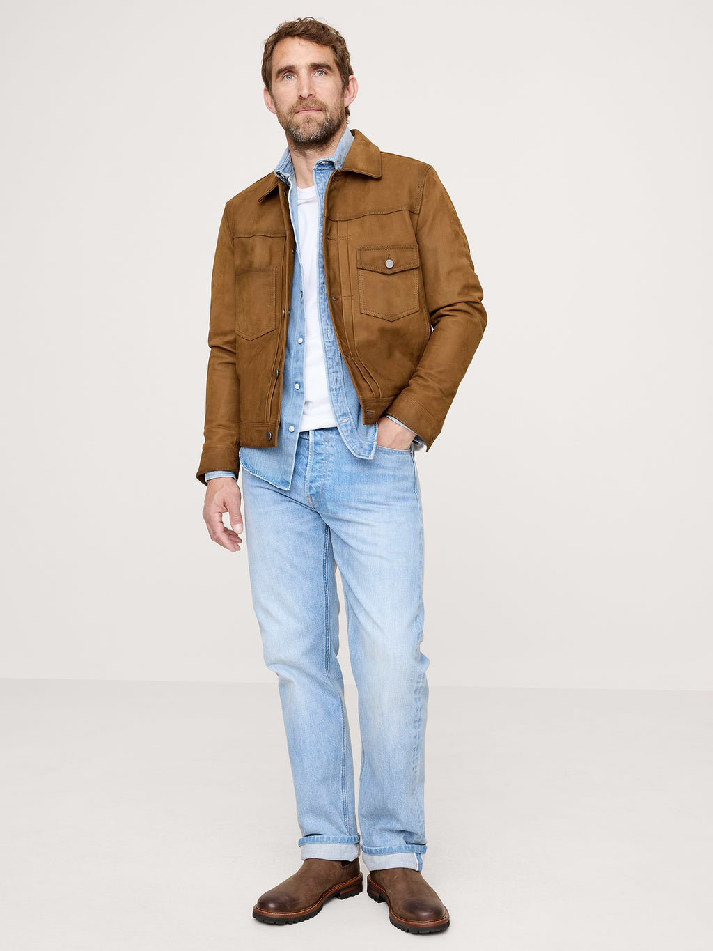 Nubuck Leather Trucker Jacket - Hazelnut Brown
