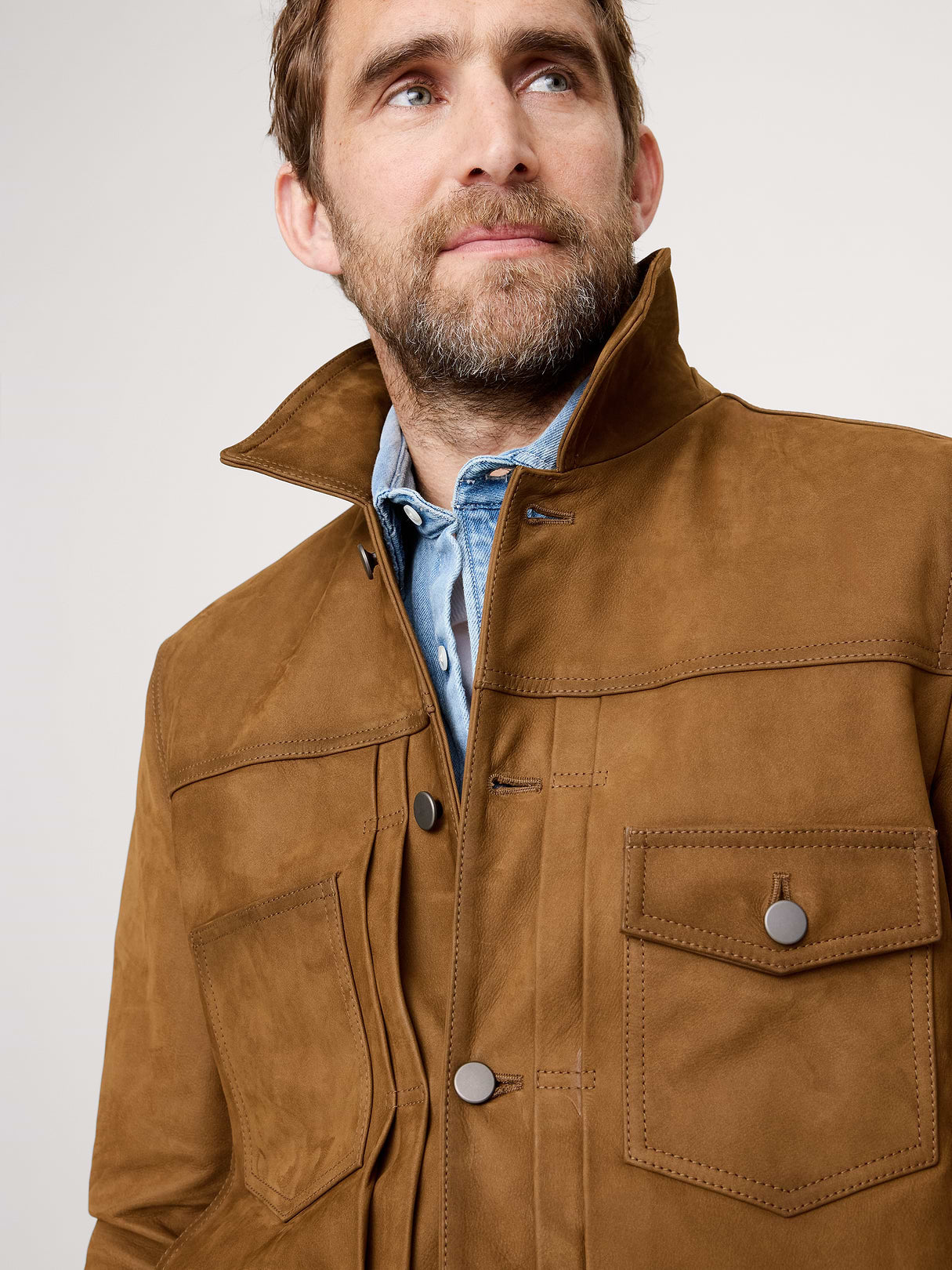Nubuck Leather Trucker Jacket - Hazelnut Brown