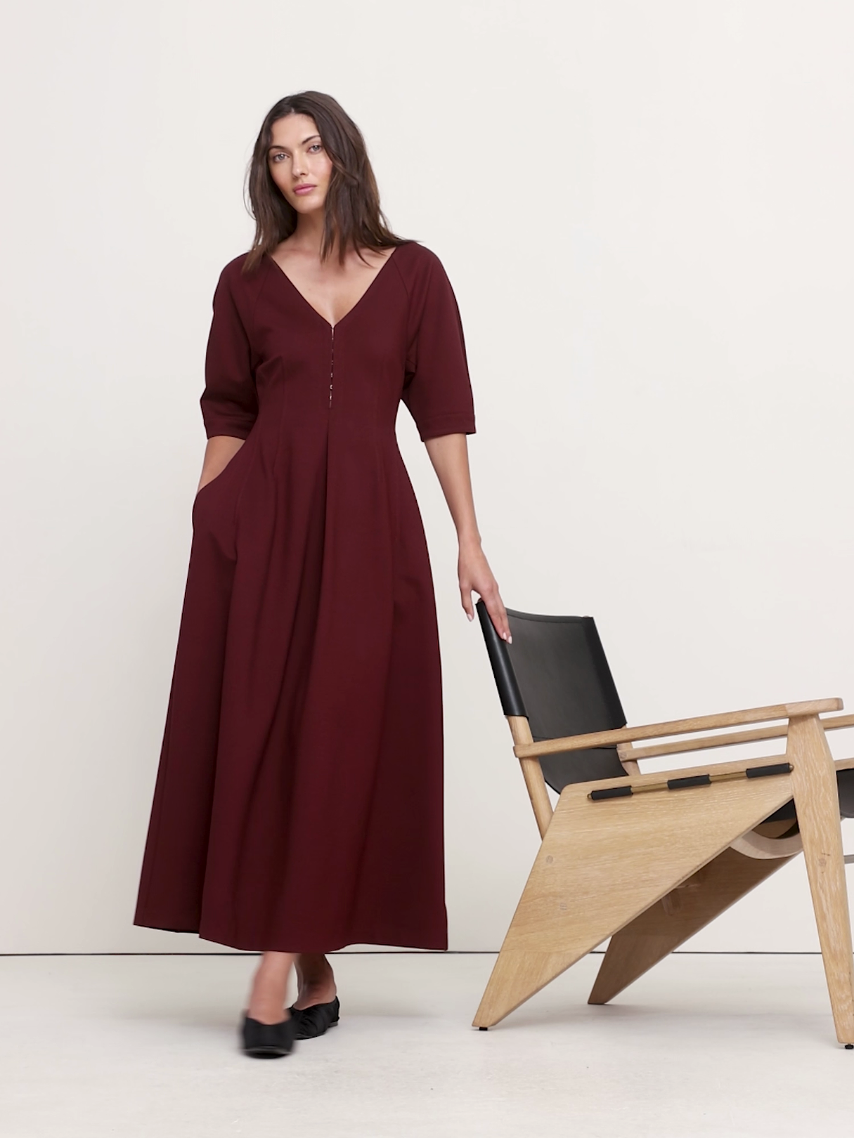 Ponte Puff-Sleeve Maxi Dress - Redwood Burgundy
