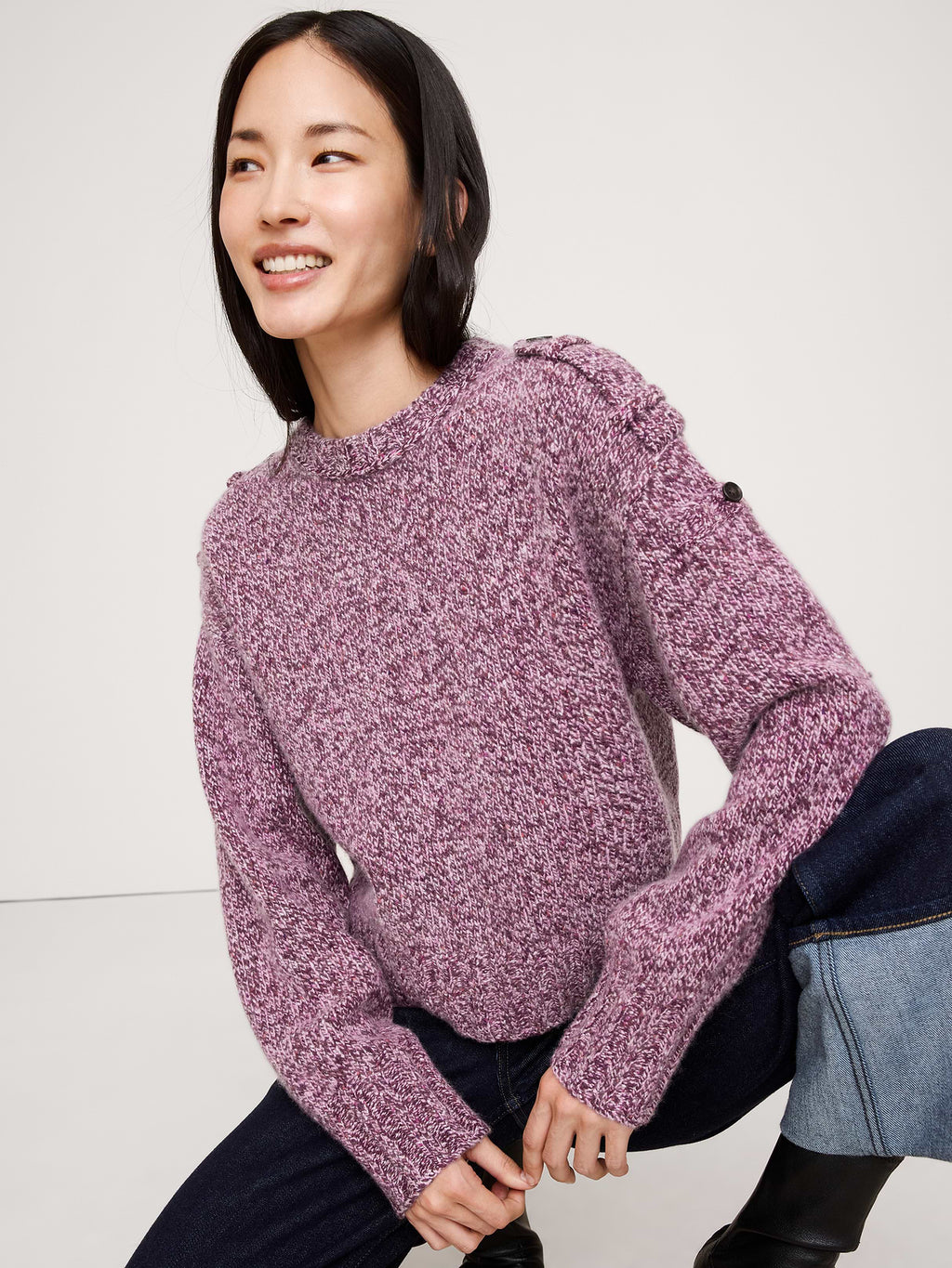 Marled Cashmere-Merino Blend Sweater - Berry Rose Heather