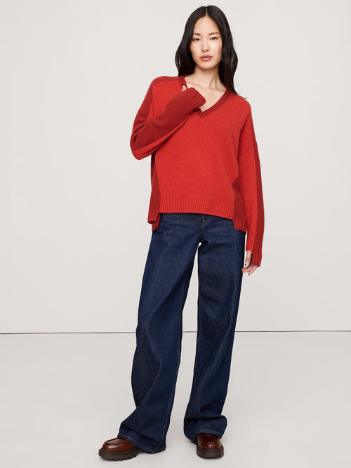 Cashmere Mixed-Stitch V-Neck Sweater - Scorched Orange