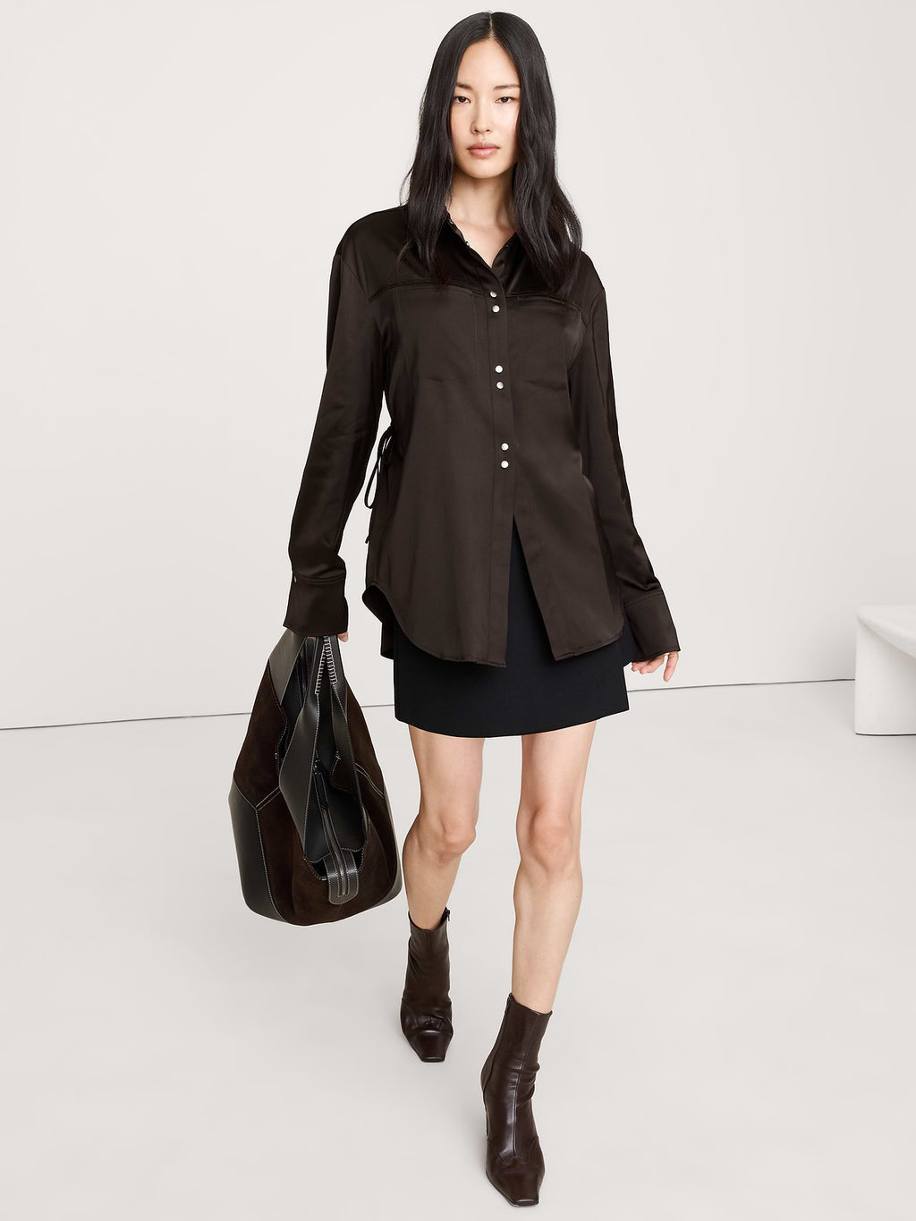 Stretch-Satin Cinch-Back Shirt - Ganache Brown