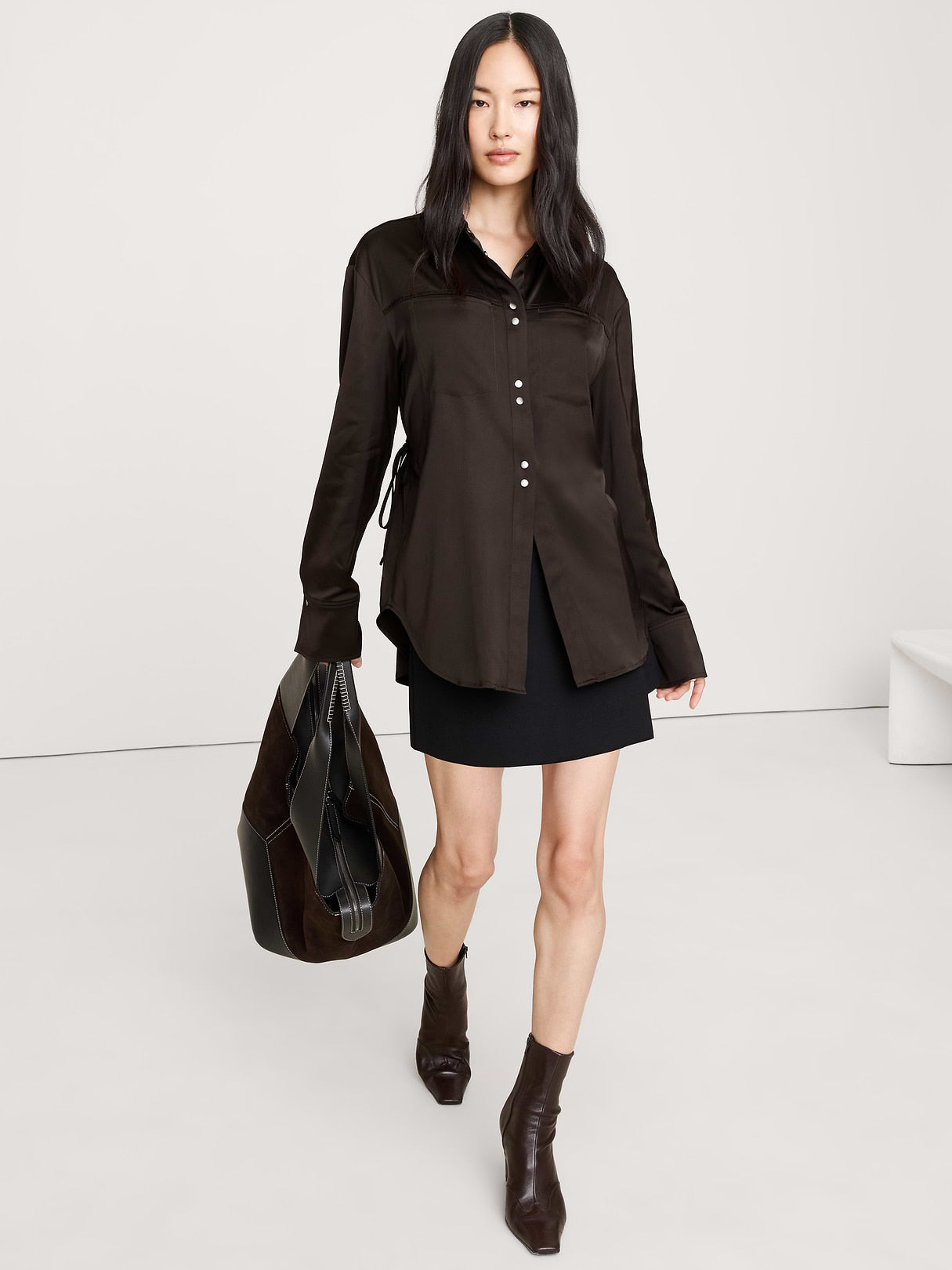 Stretch-Satin Cinch-Back Shirt - Ganache Brown