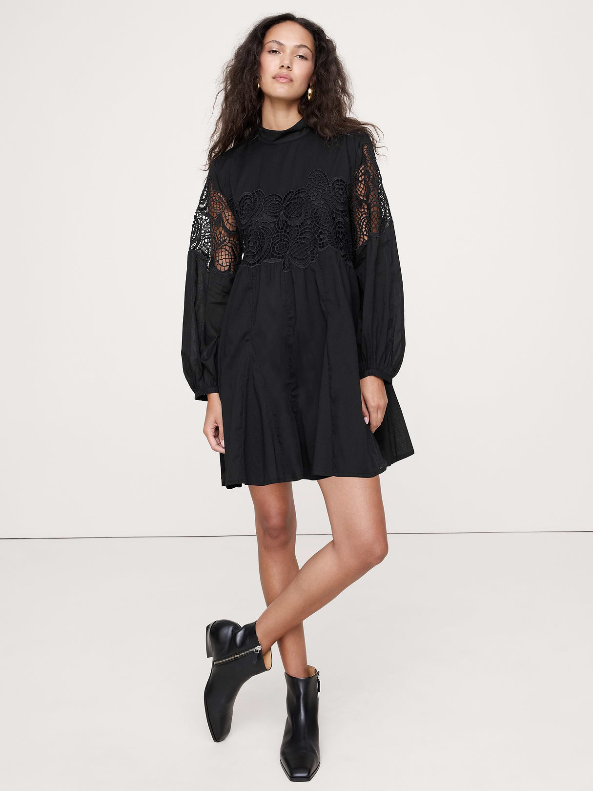 Cotton & Lace Mock-Neck Dress with Removable Belt Bag - Black