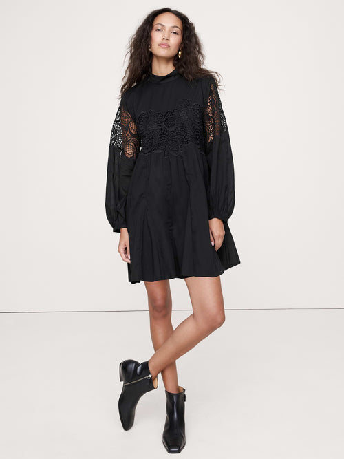 Cotton & Lace Mock-Neck Dress with Removable Belt Bag - Black