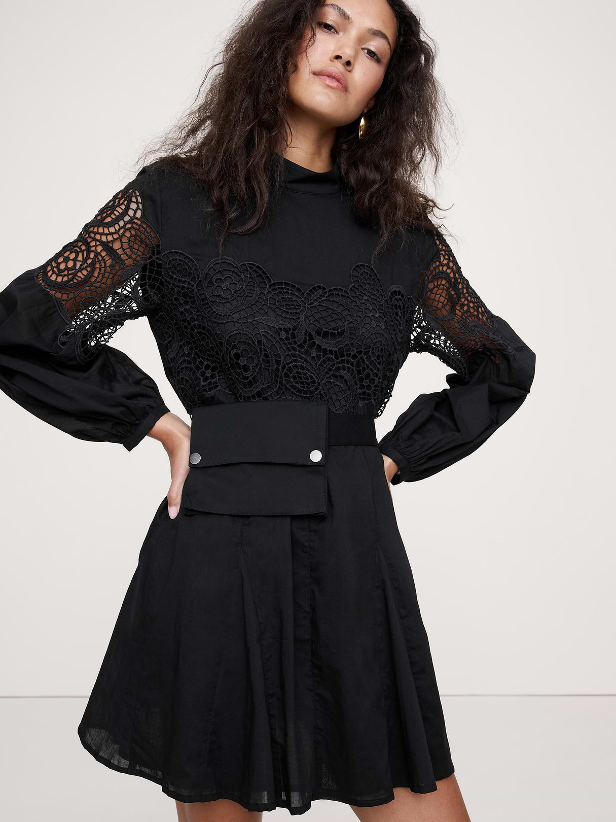 Cotton & Lace Mock-Neck Dress with Removable Belt Bag - Black