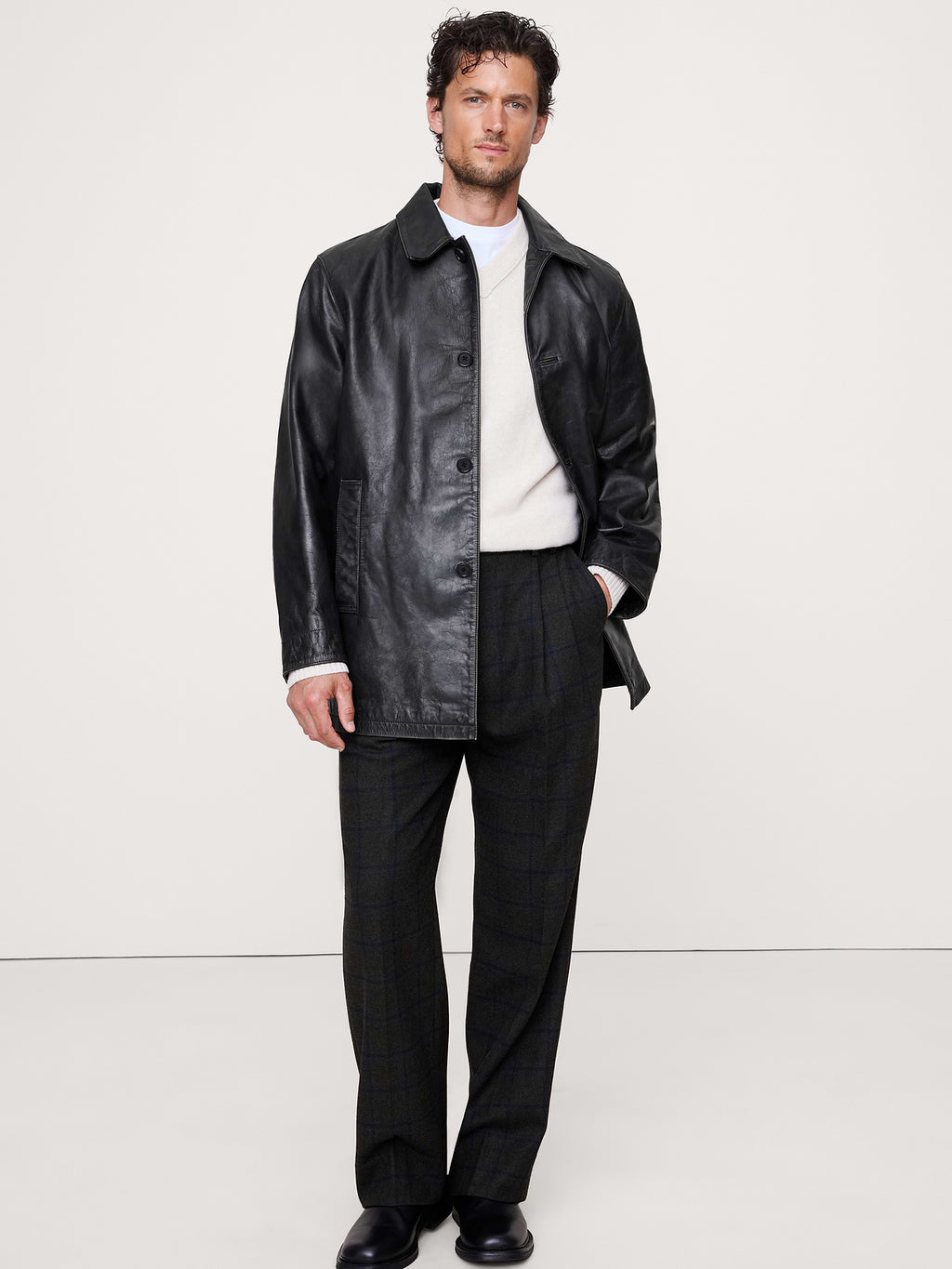 Relaxed Leather Carcoat - Black