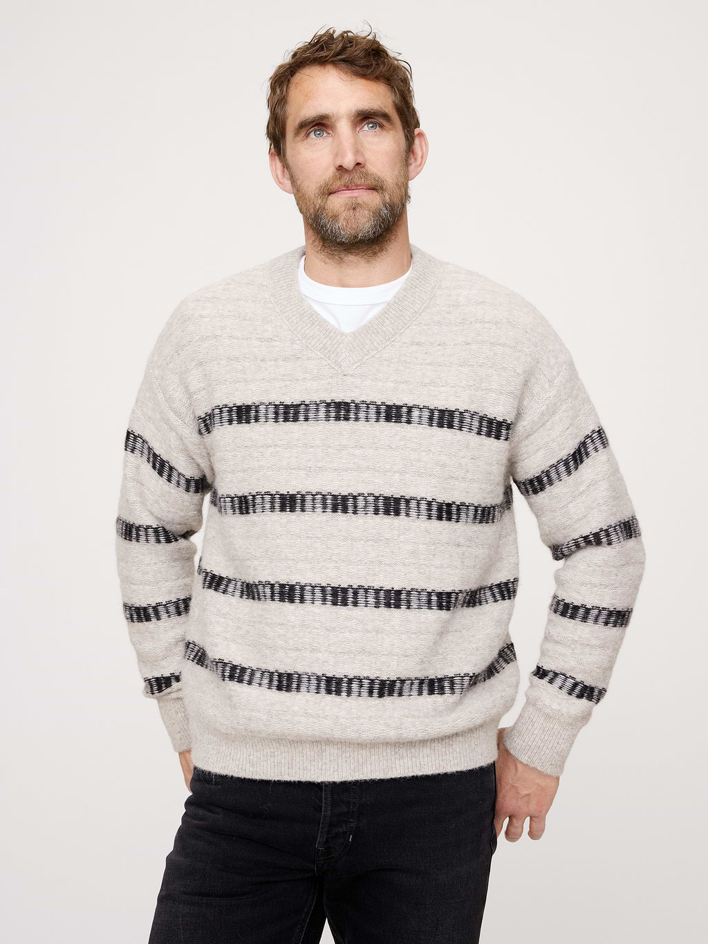 Jacquard Stripe V-Neck Sweater - Natural Beige