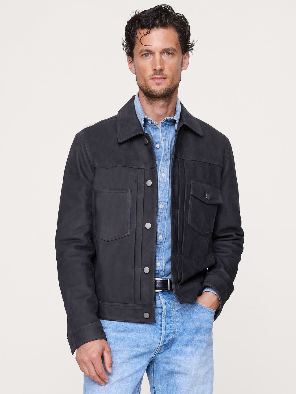 Nubuck Leather Trucker Jacket - Black
