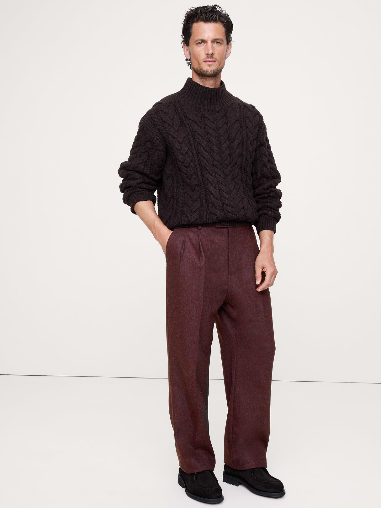 Straight Flannel Pleated Dress Pant - Deep Burgundy Red