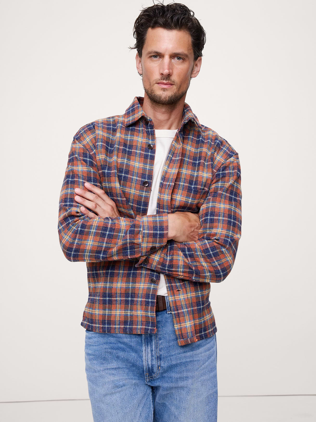 Relaxed-Fit Flannel Overshirt - Orange Plaid
