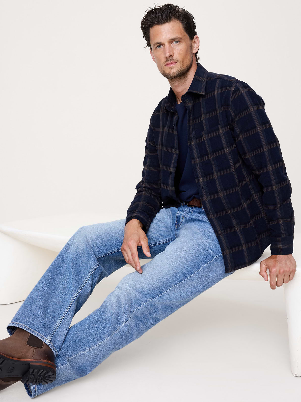 Standard-Fit Lightweight Corduroy Shirt - Navy Blue Plaid