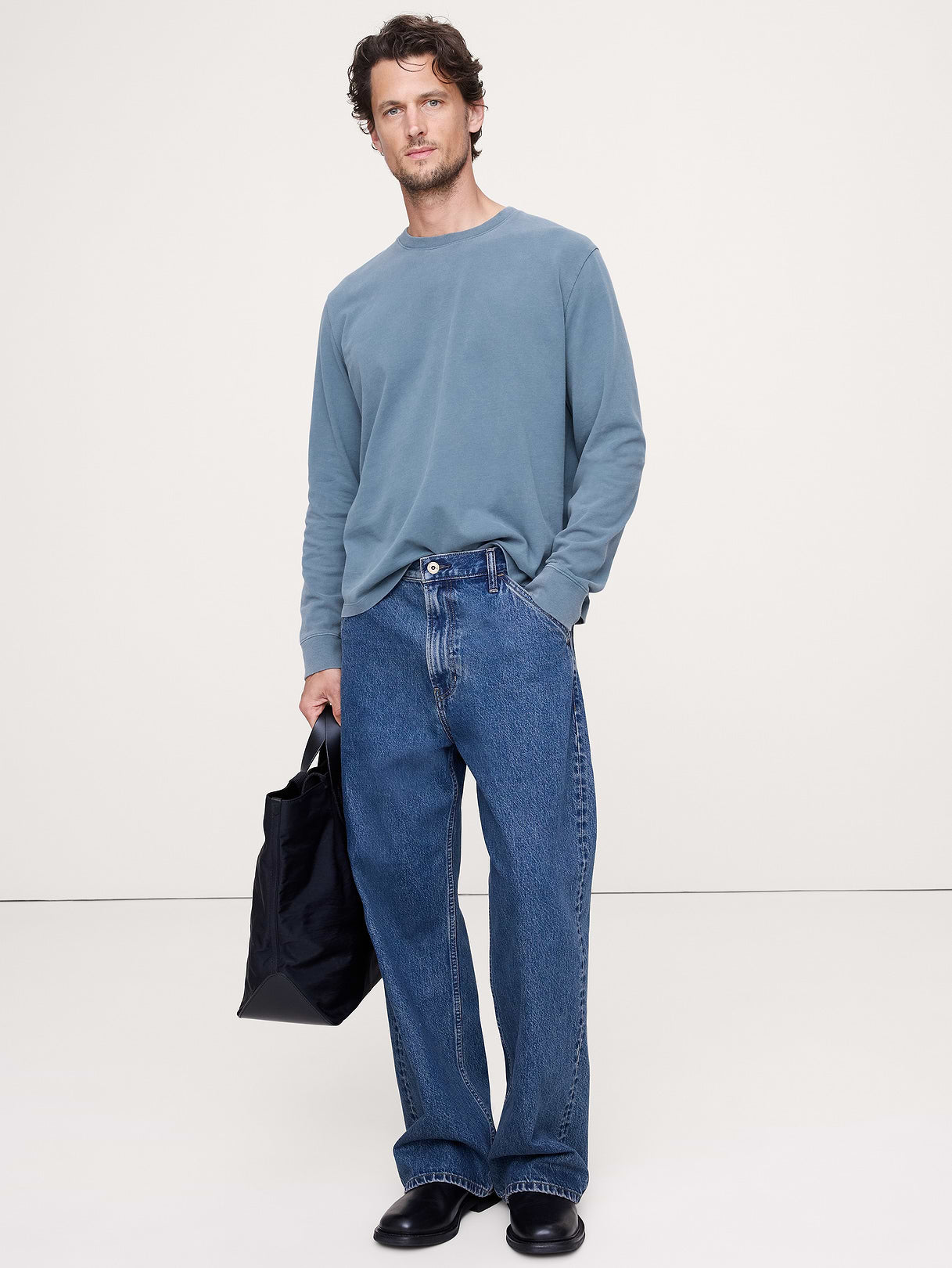 Sueded Cotton Long-Sleeve T-Shirt - Blue Charcoal