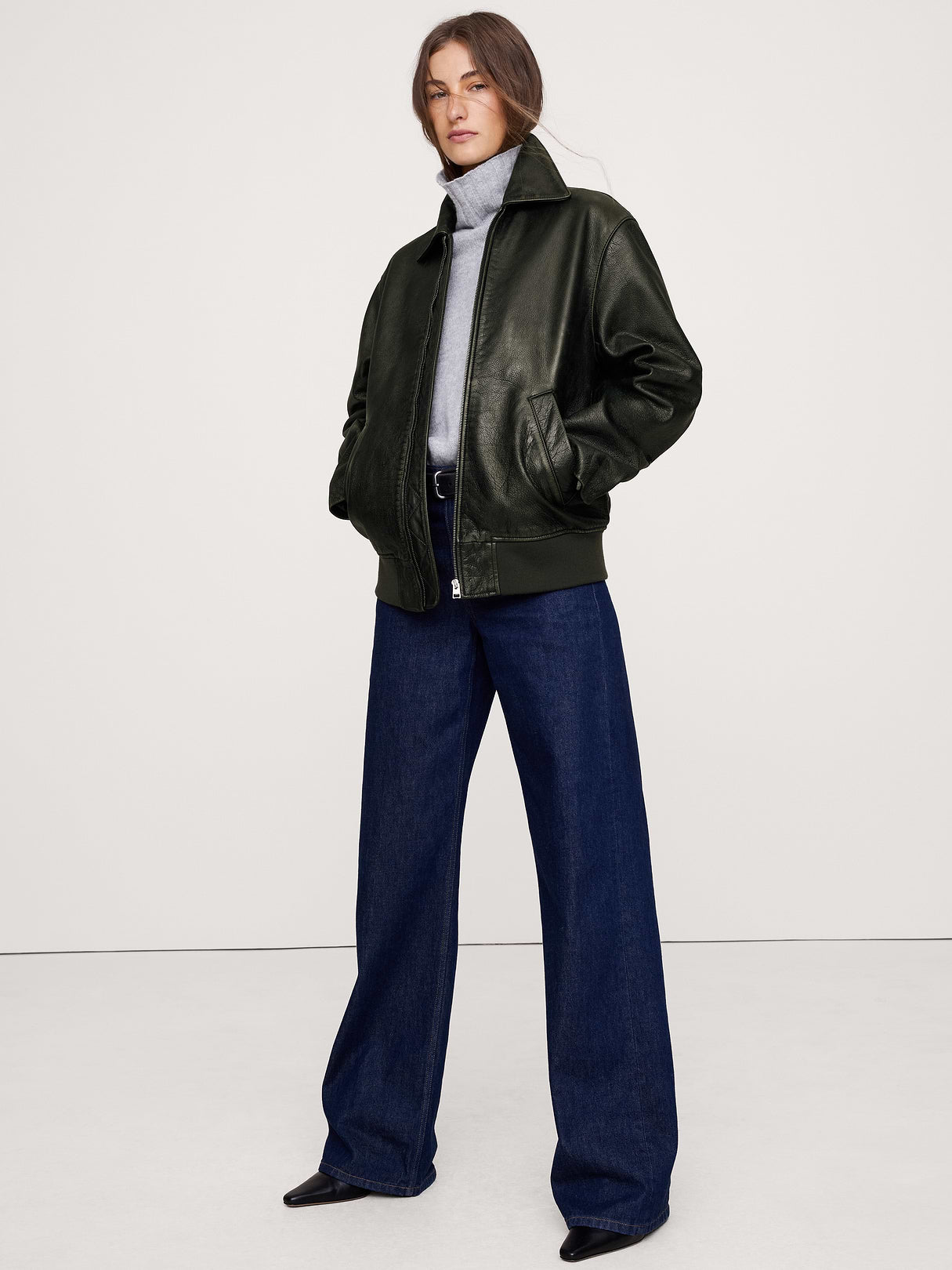Oversized Distressed Leather Bomber Jacket - Olive Green