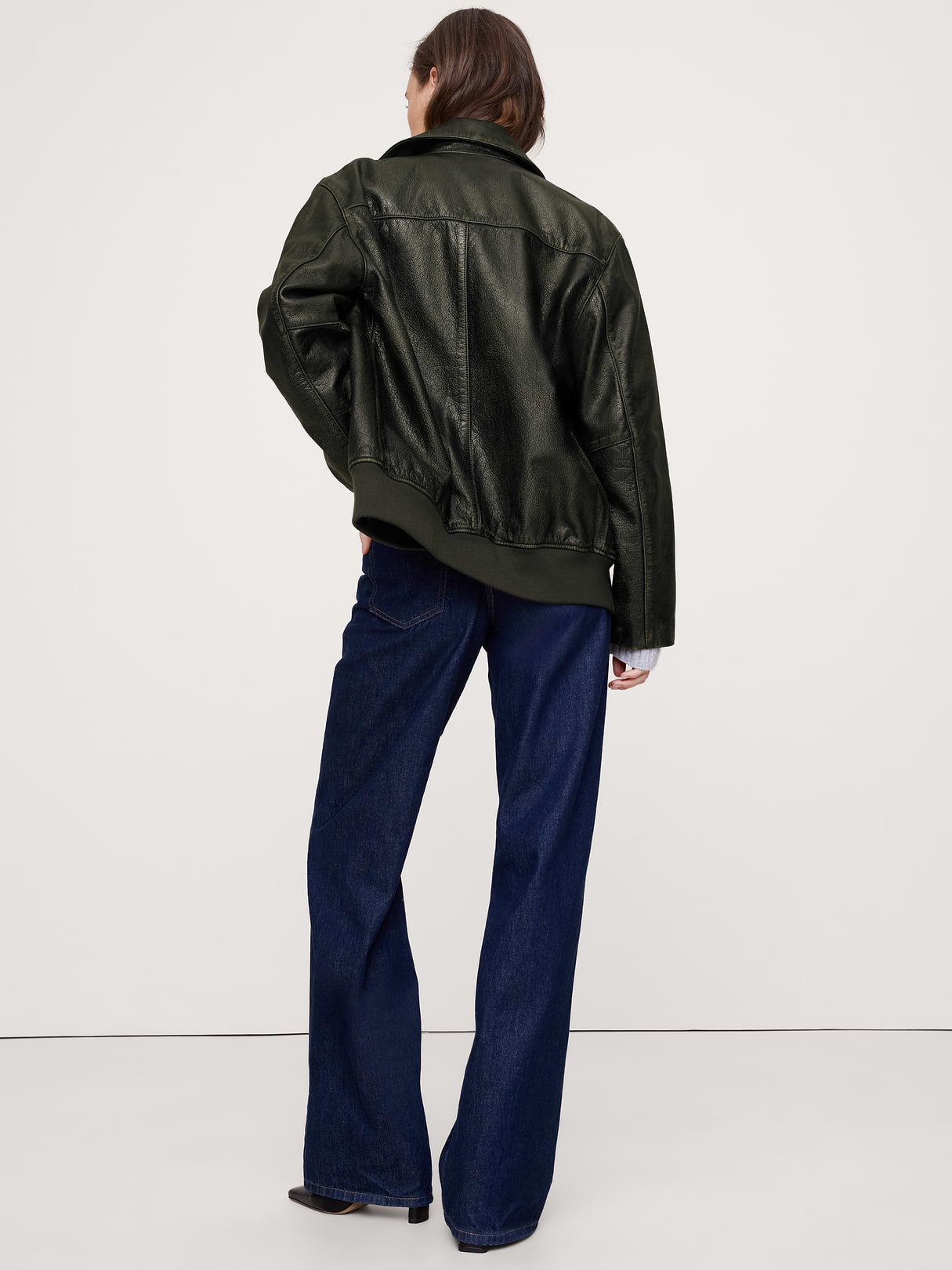 Oversized Distressed Leather Bomber Jacket - Olive Green