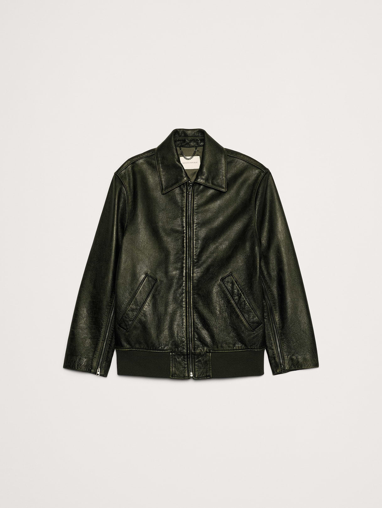 Oversized Distressed Leather Bomber Jacket - Olive Green