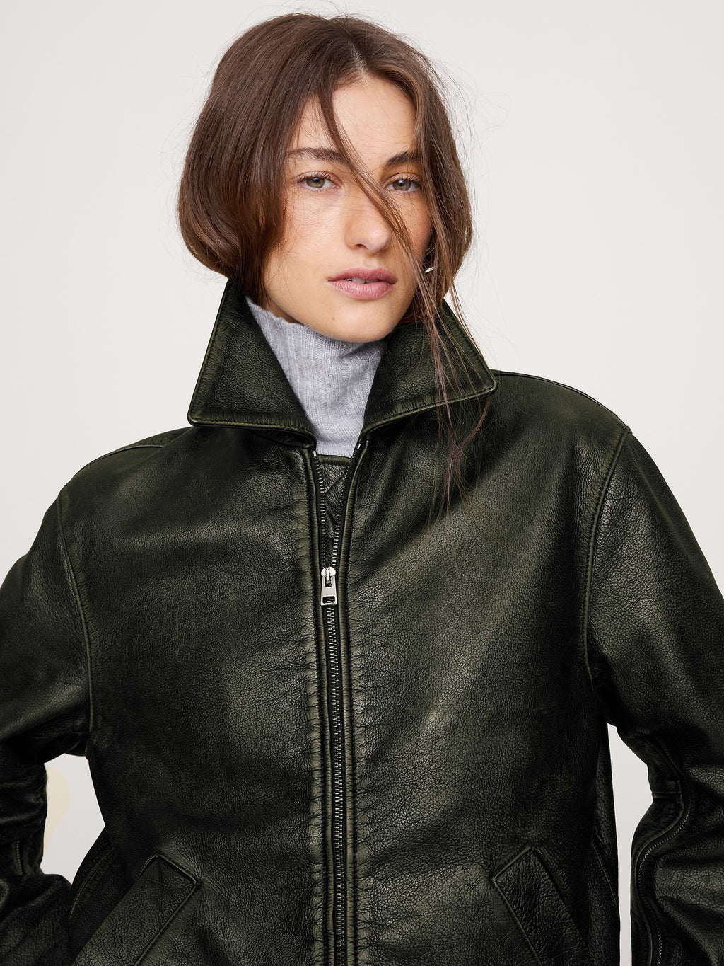 Oversized Distressed Leather Bomber Jacket - Olive Green
