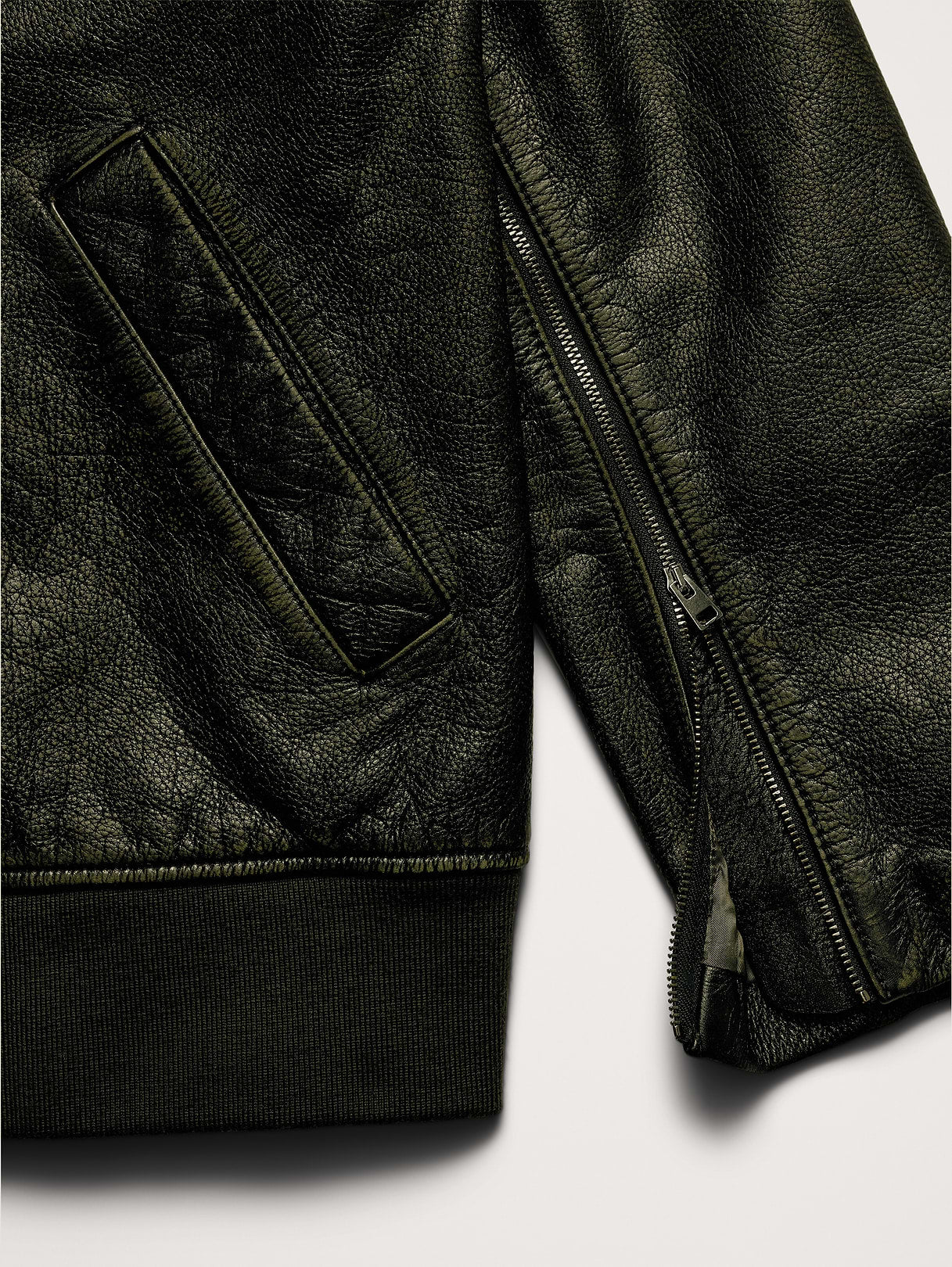 Oversized Distressed Leather Bomber Jacket - Olive Green