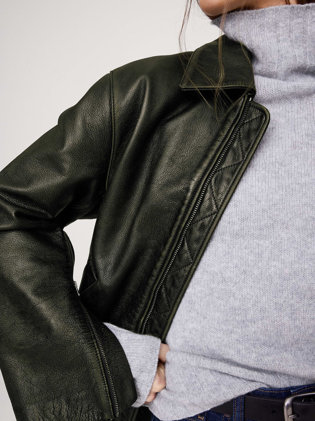 Oversized Distressed Leather Bomber Jacket - Olive Green