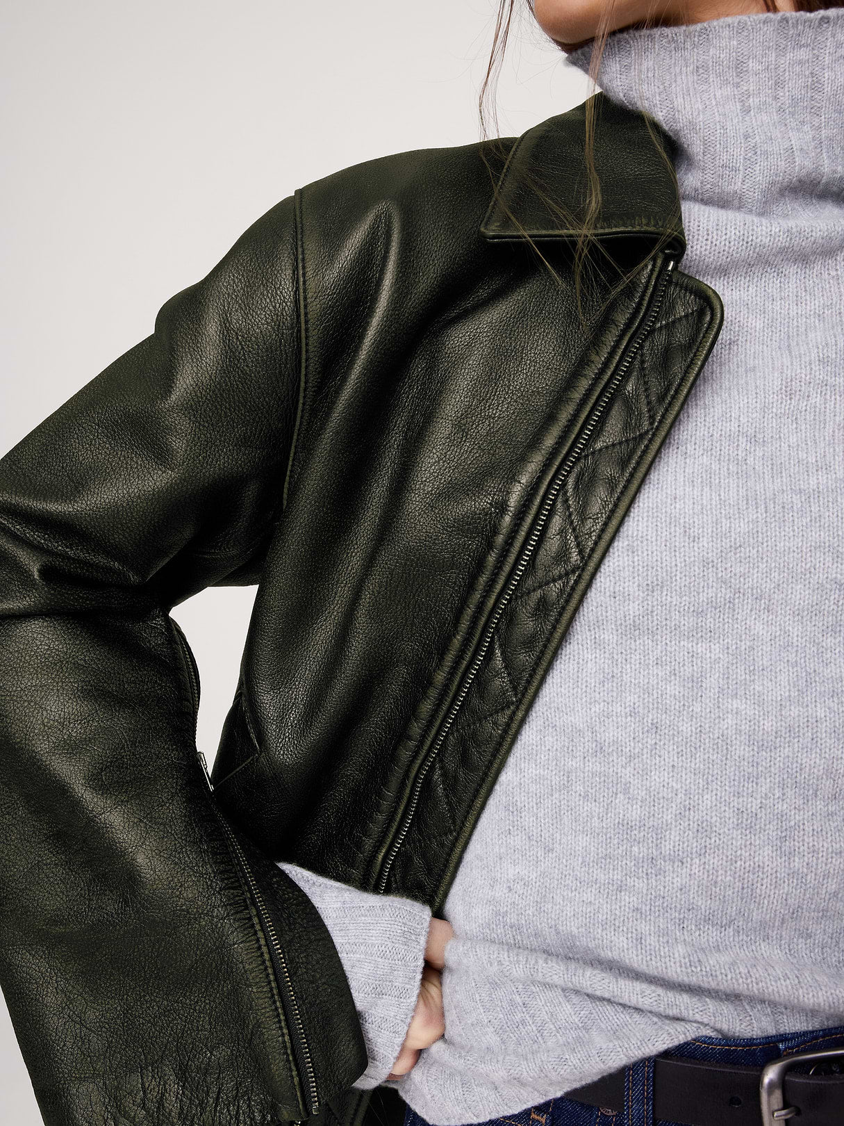 Oversized Distressed Leather Bomber Jacket - Olive Green