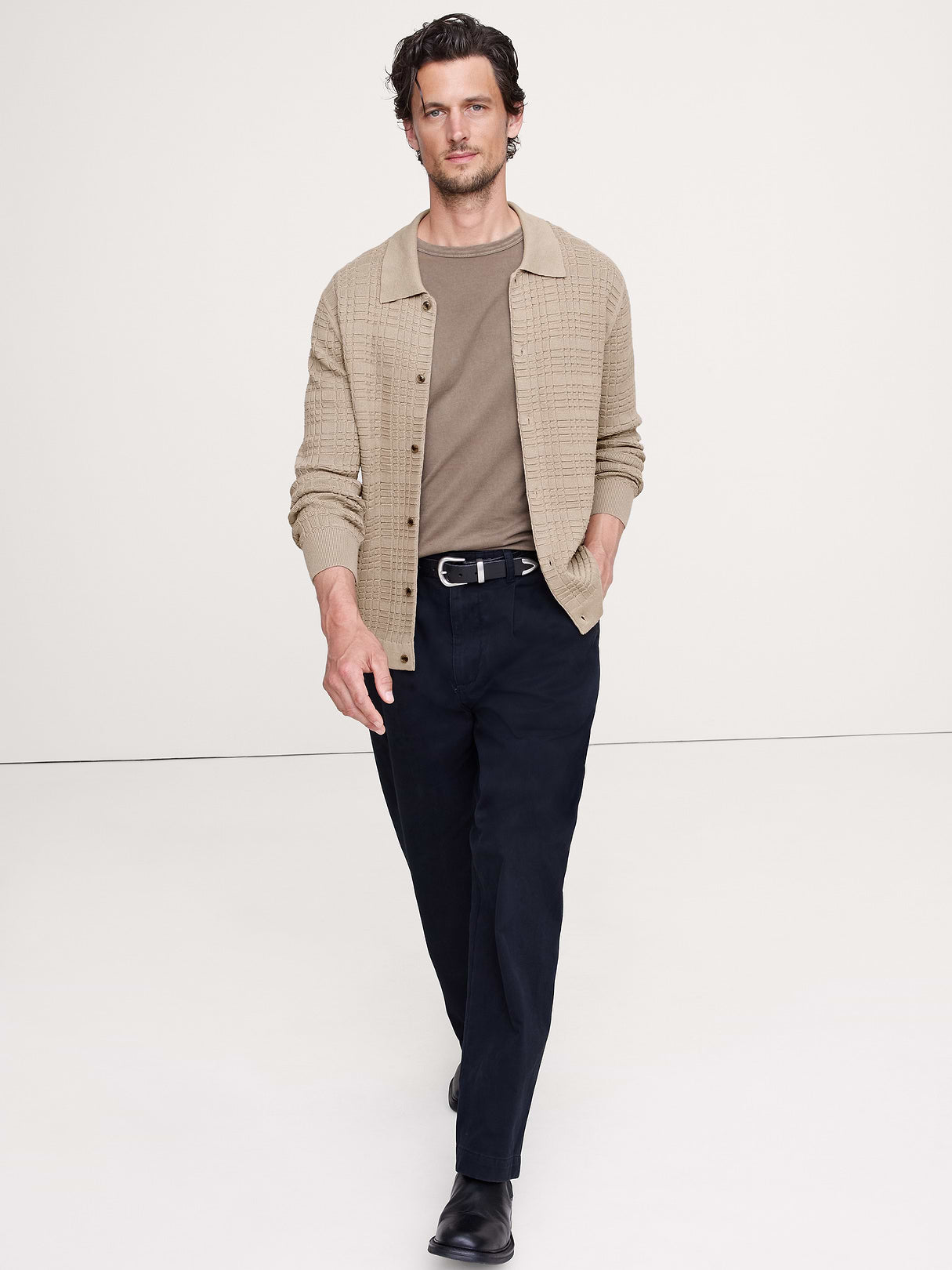 Plaid Texture Cotton Polo Cardigan - Khaki Beige
