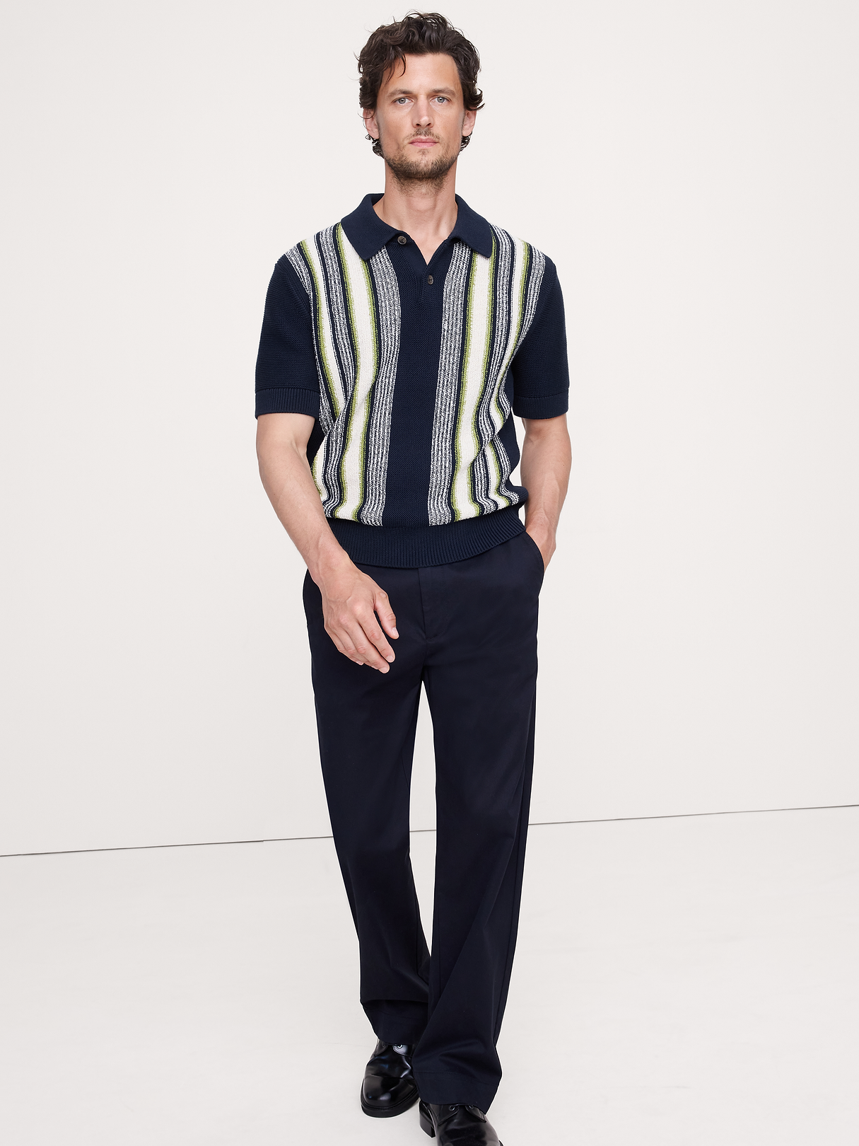 Bouclé Stripe Sweater Polo - Navy Blue