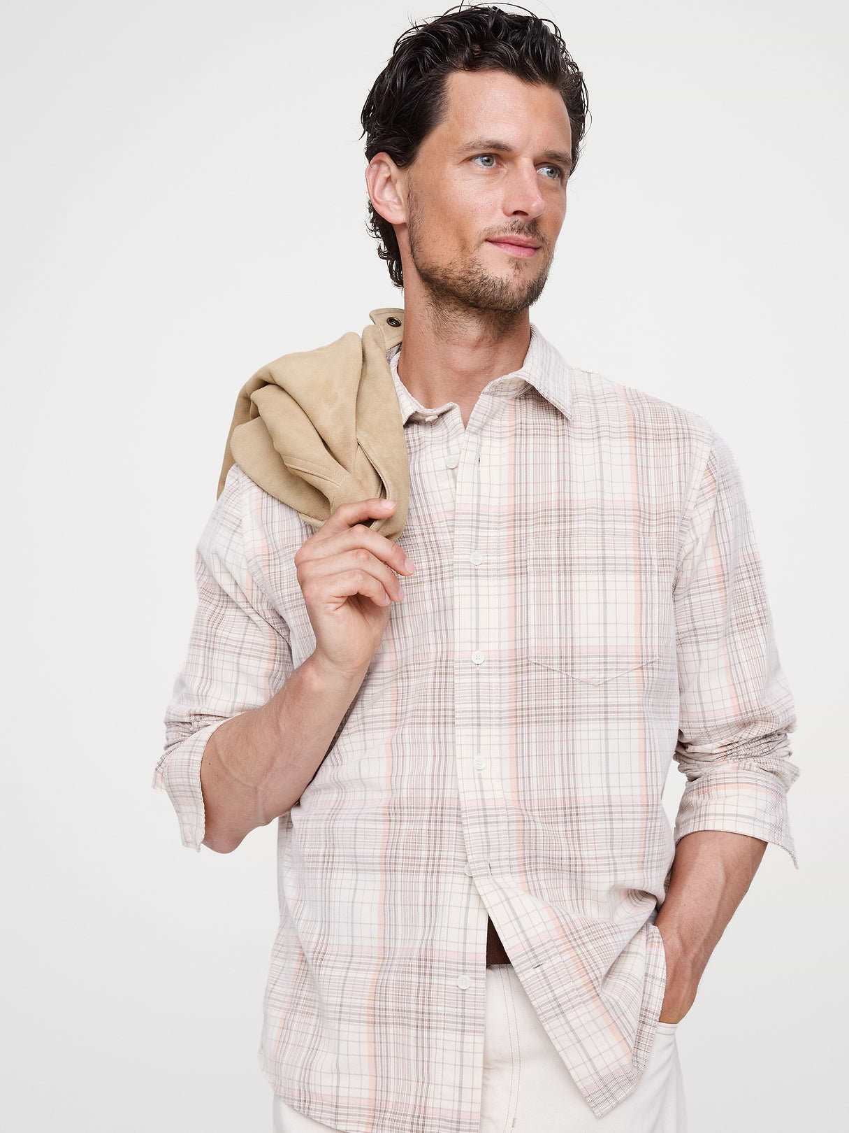 Standard-Fit Lightweight Corduroy Shirt - Neutral Plaid