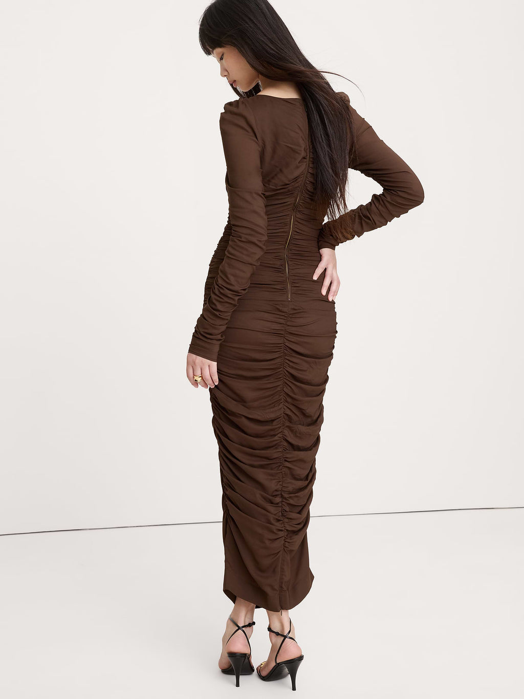 Stretch-Crepe Ruched Midi Dress - Espresso Brown