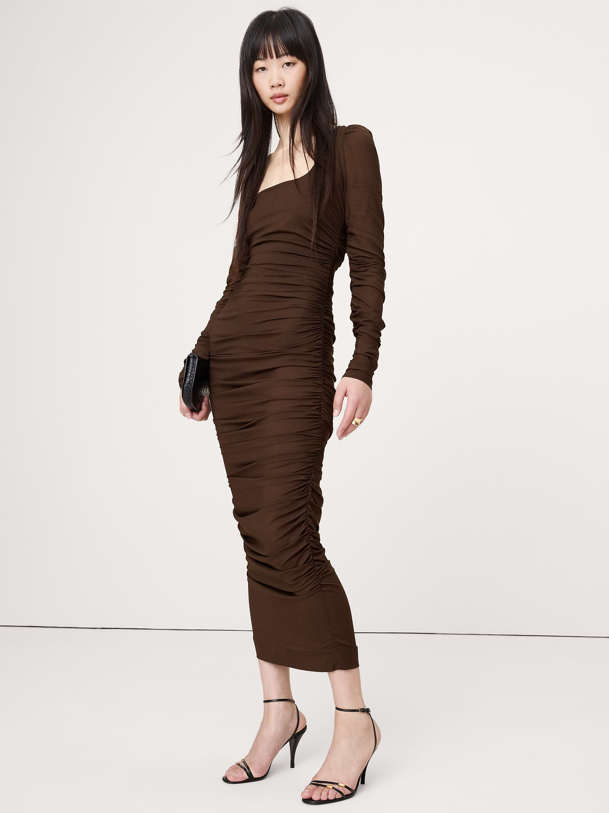 Stretch-Crepe Ruched Midi Dress - Espresso Brown