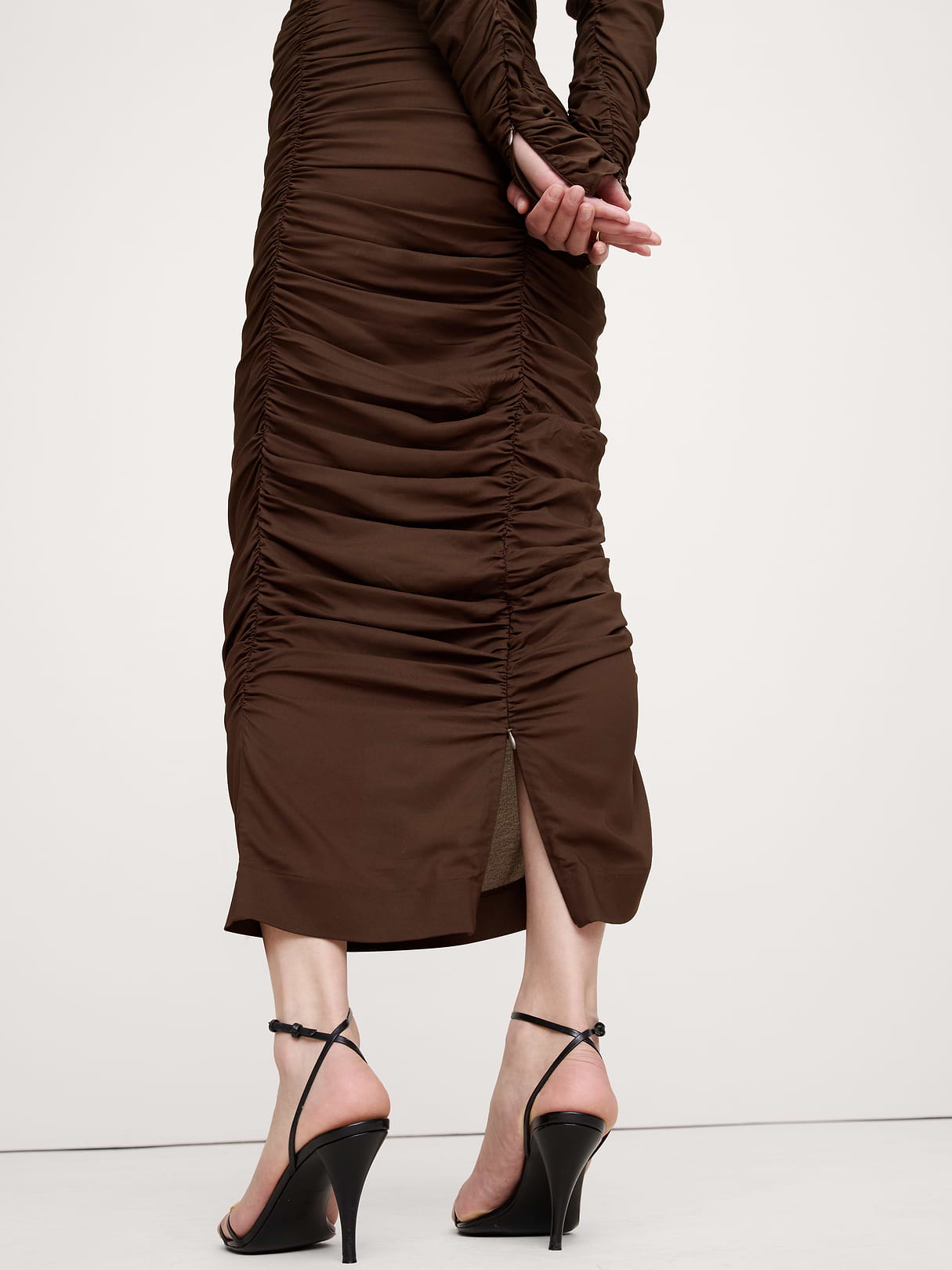 Stretch-Crepe Ruched Midi Dress - Espresso Brown