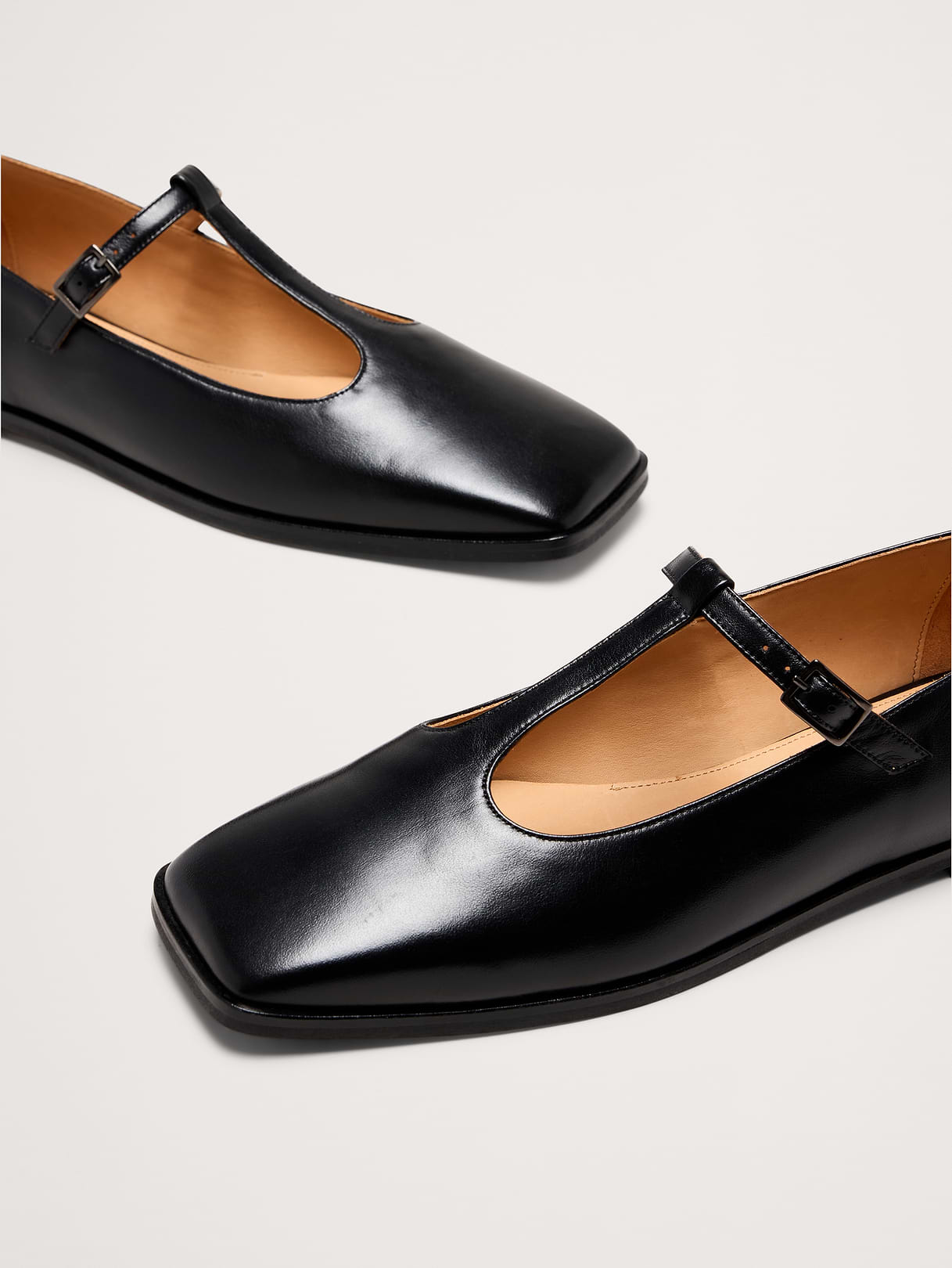 Italian Leather Square-Toe Mary Jane Flats - Black
