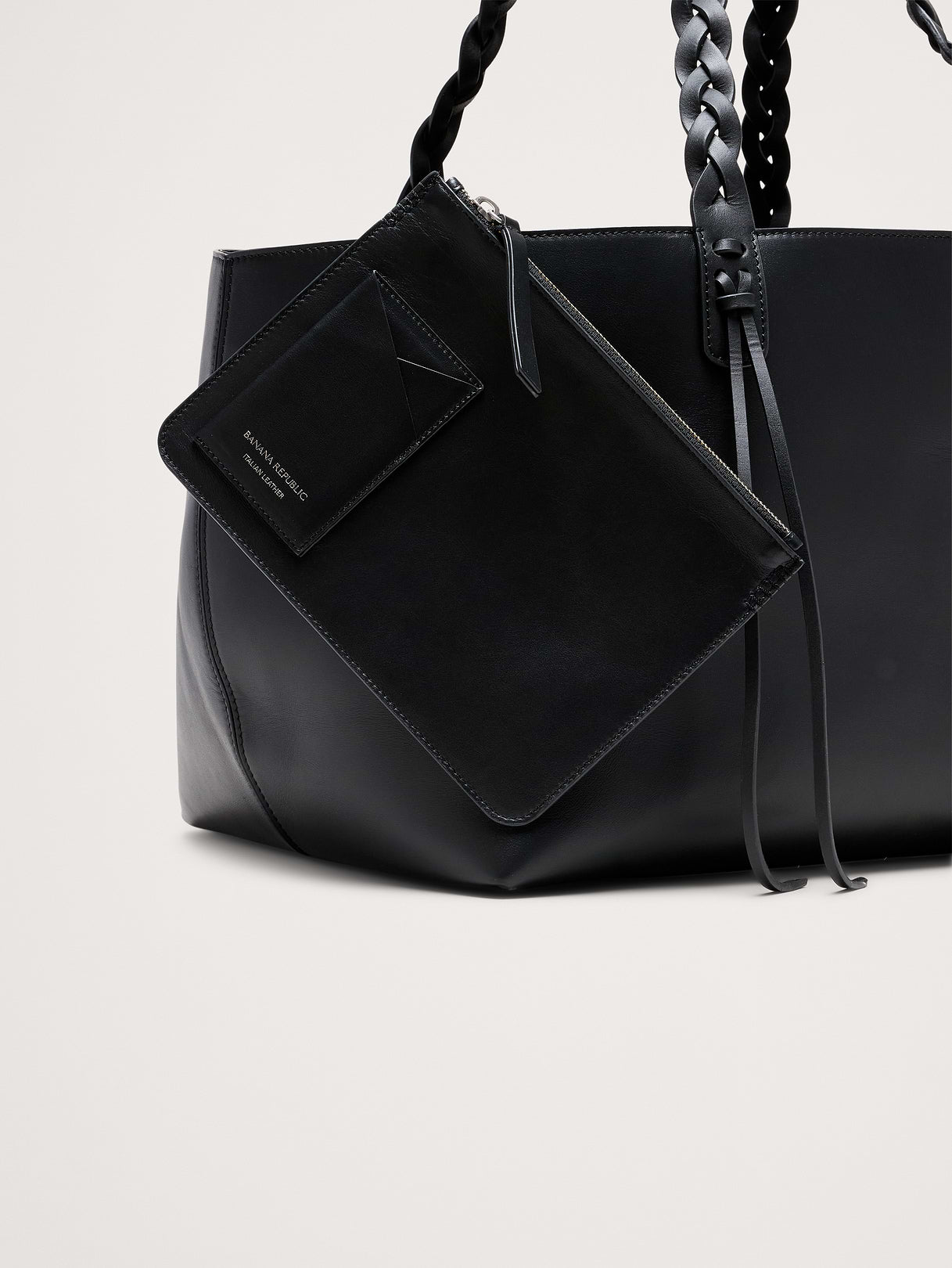 Large Leather East-West Tote - Black