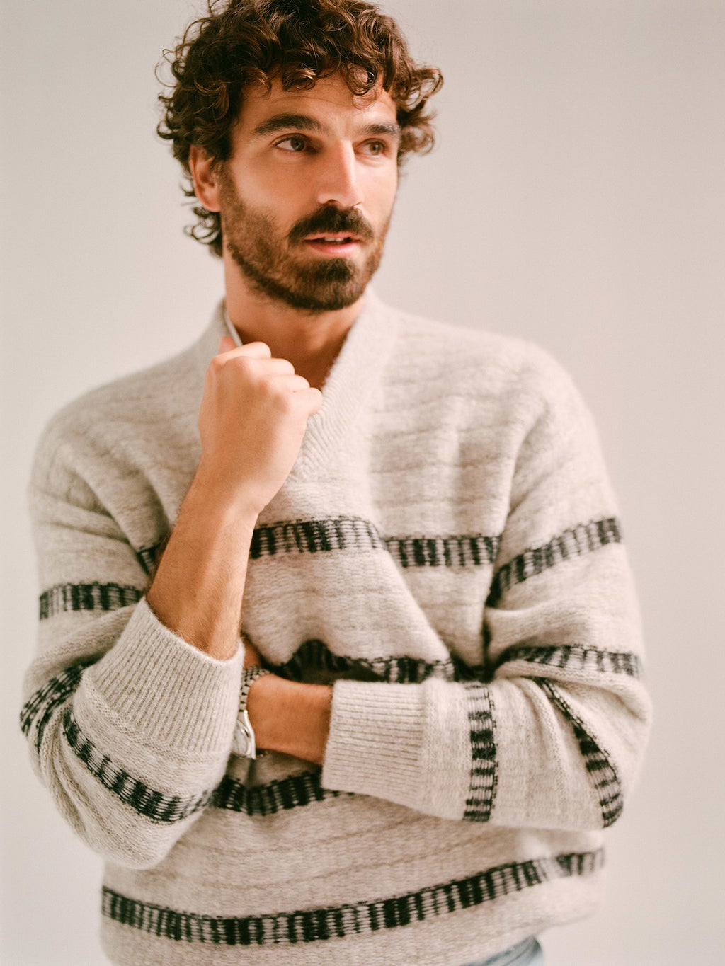 Jacquard Stripe V-Neck Sweater - Natural Beige