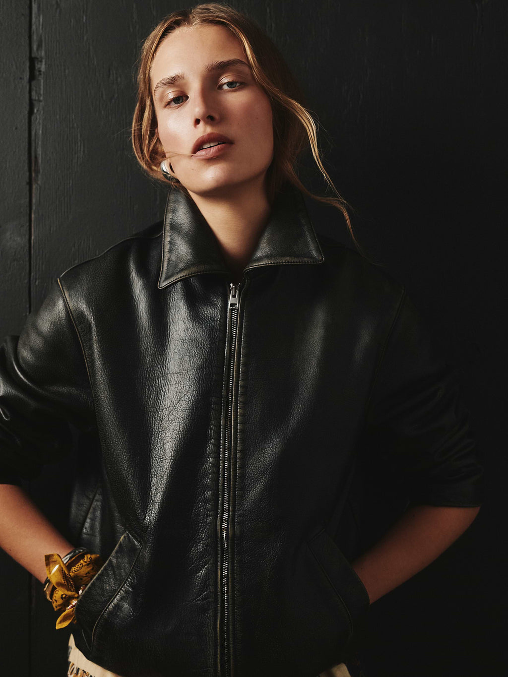 Oversized Distressed Leather Bomber Jacket - Olive Green