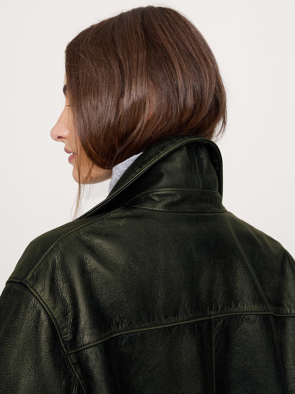 Oversized Distressed Leather Bomber Jacket - Olive Green