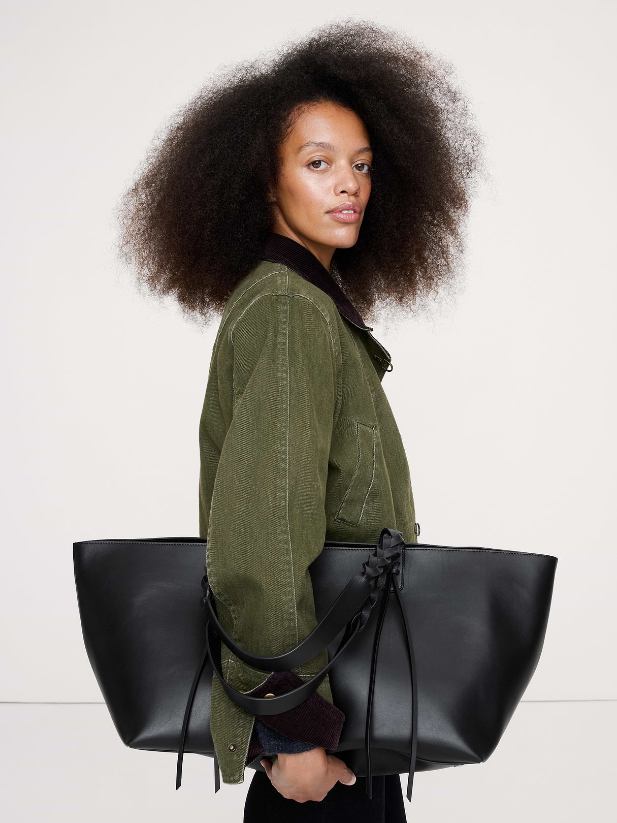 Large Leather East-West Tote - Black