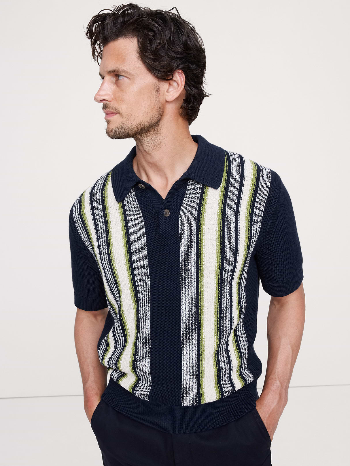 Bouclé Stripe Sweater Polo - Navy Blue