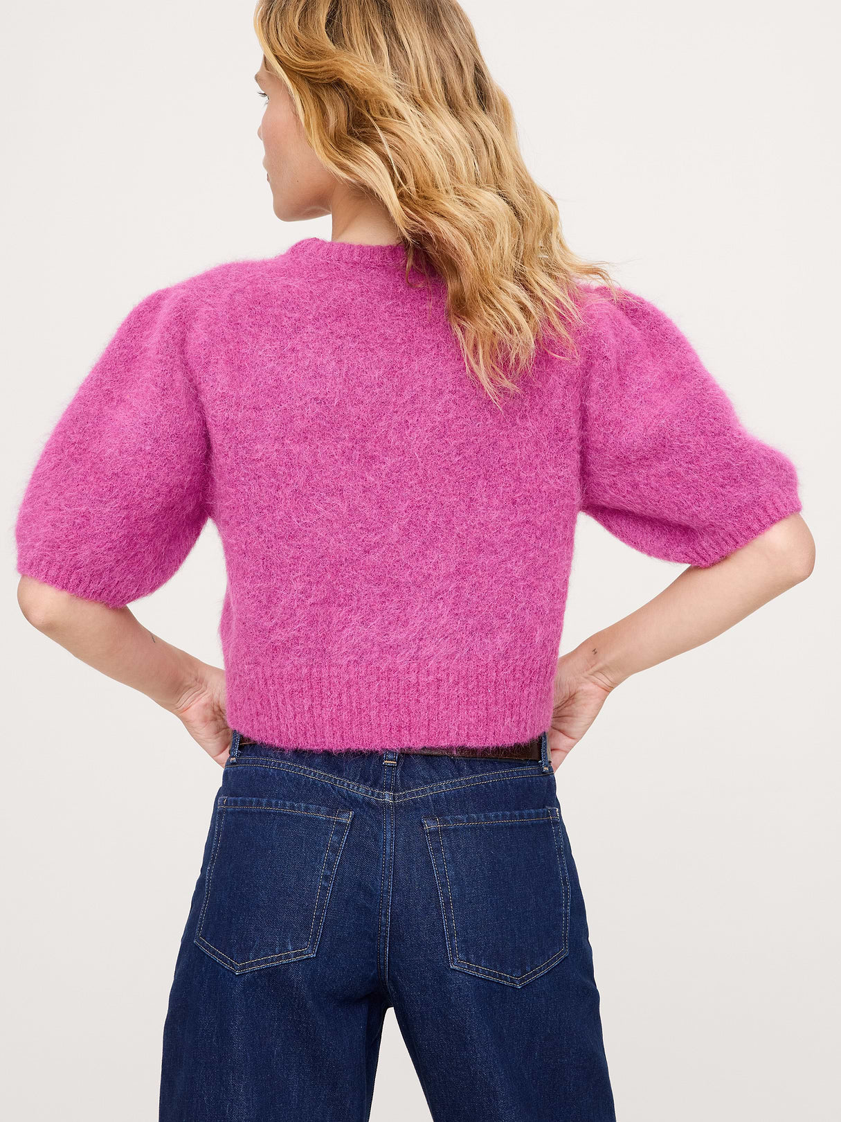 Fuzzy Alpaca-Blend Puff-Sleeve Sweater - Camu Berry Red