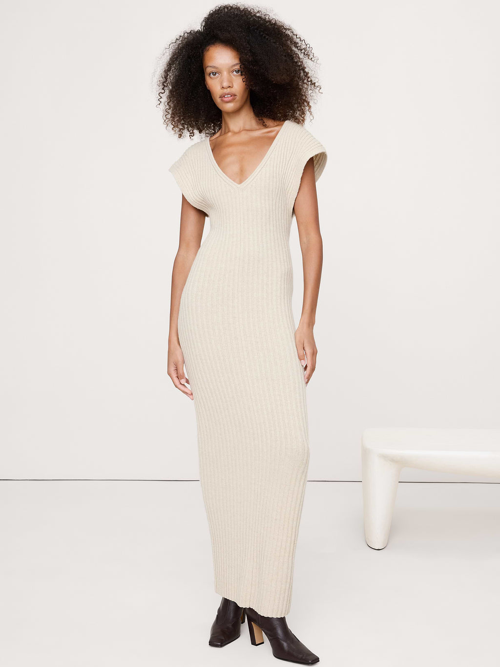 Merino-Cotton Maxi Dress with Open Back - Stone Heather