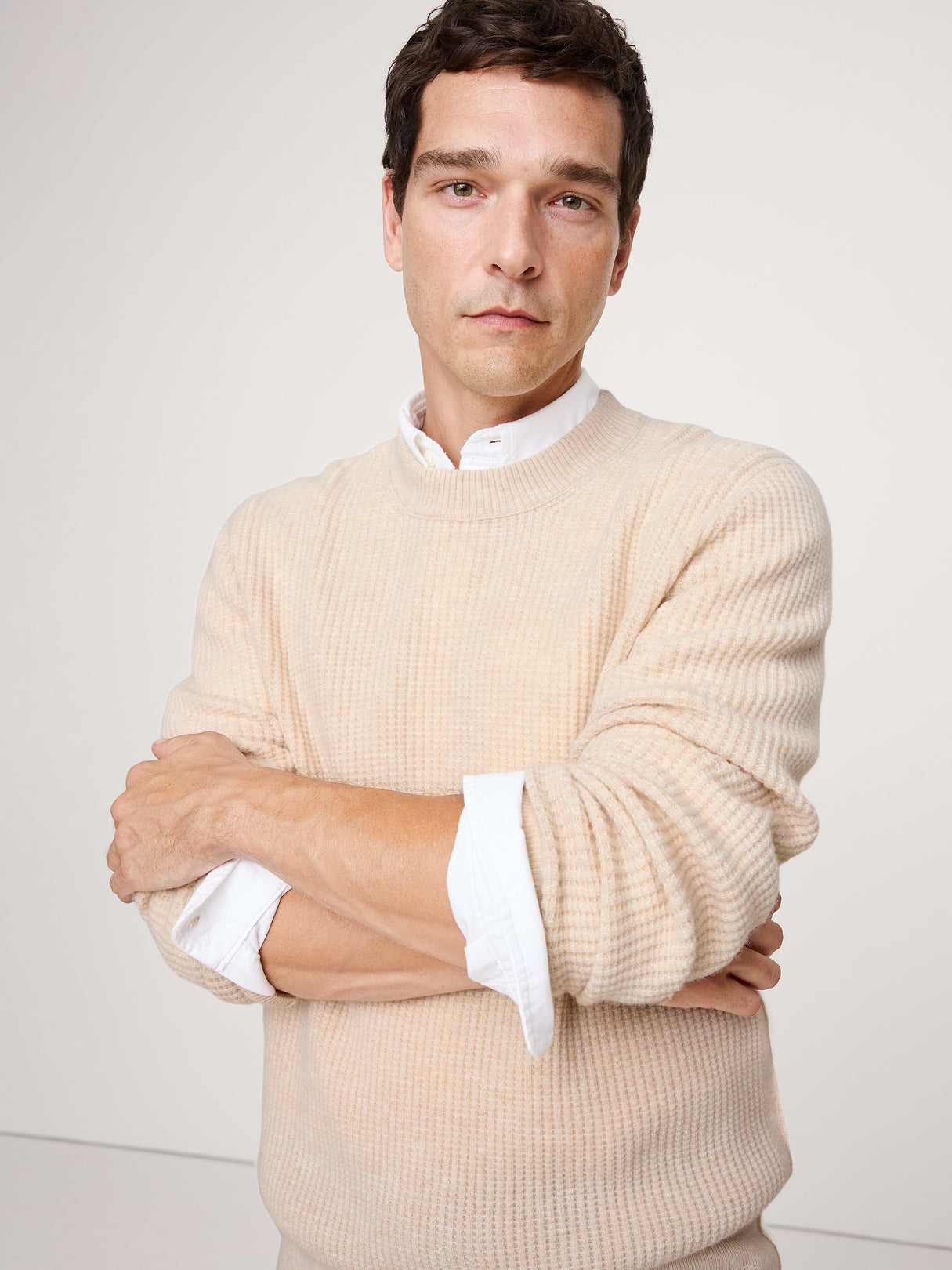 Italian Merino-Cashmere Waffle-Knit Sweater - Oatmeal