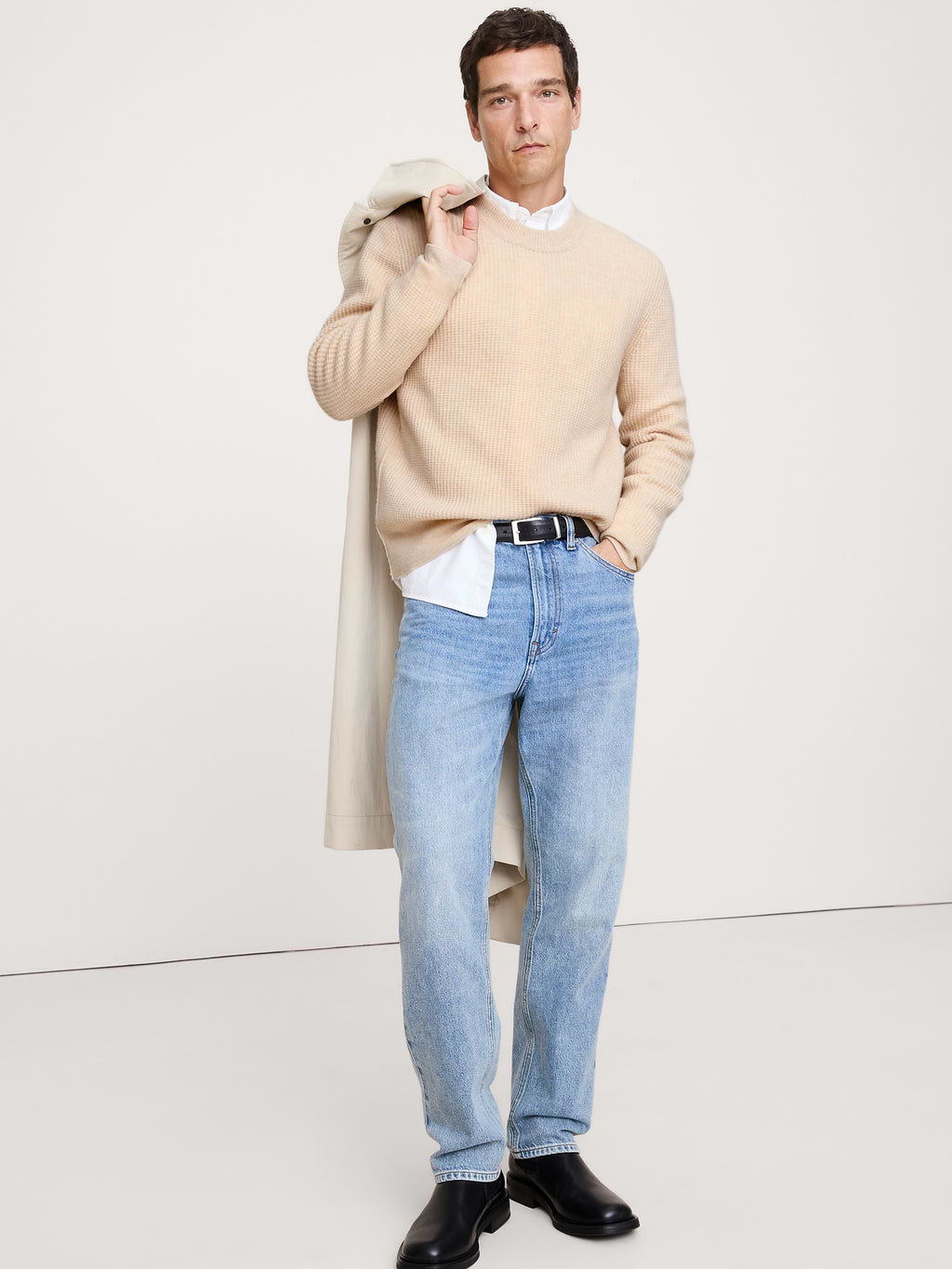 Italian Merino-Cashmere Waffle-Knit Sweater - Oatmeal
