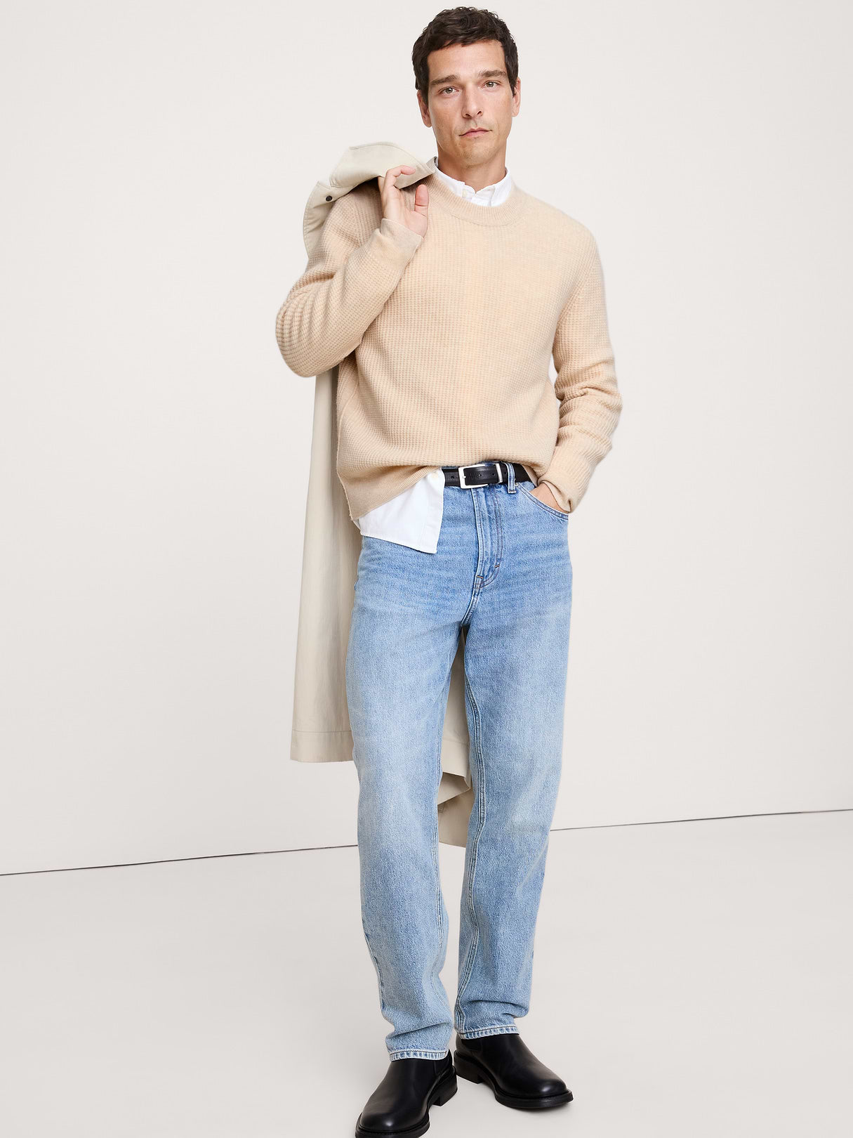 Italian Merino-Cashmere Waffle-Knit Sweater - Oatmeal
