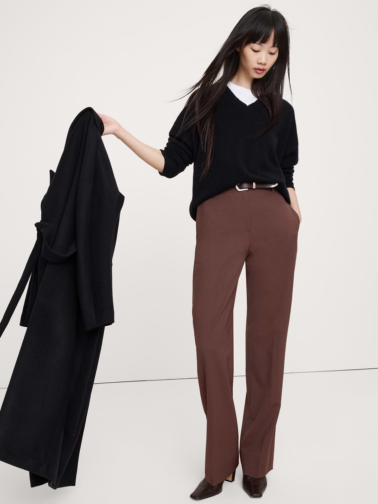 Ultra High-Rise Modern Straight Italian Lightweight Wool Pant - Espresso Brown