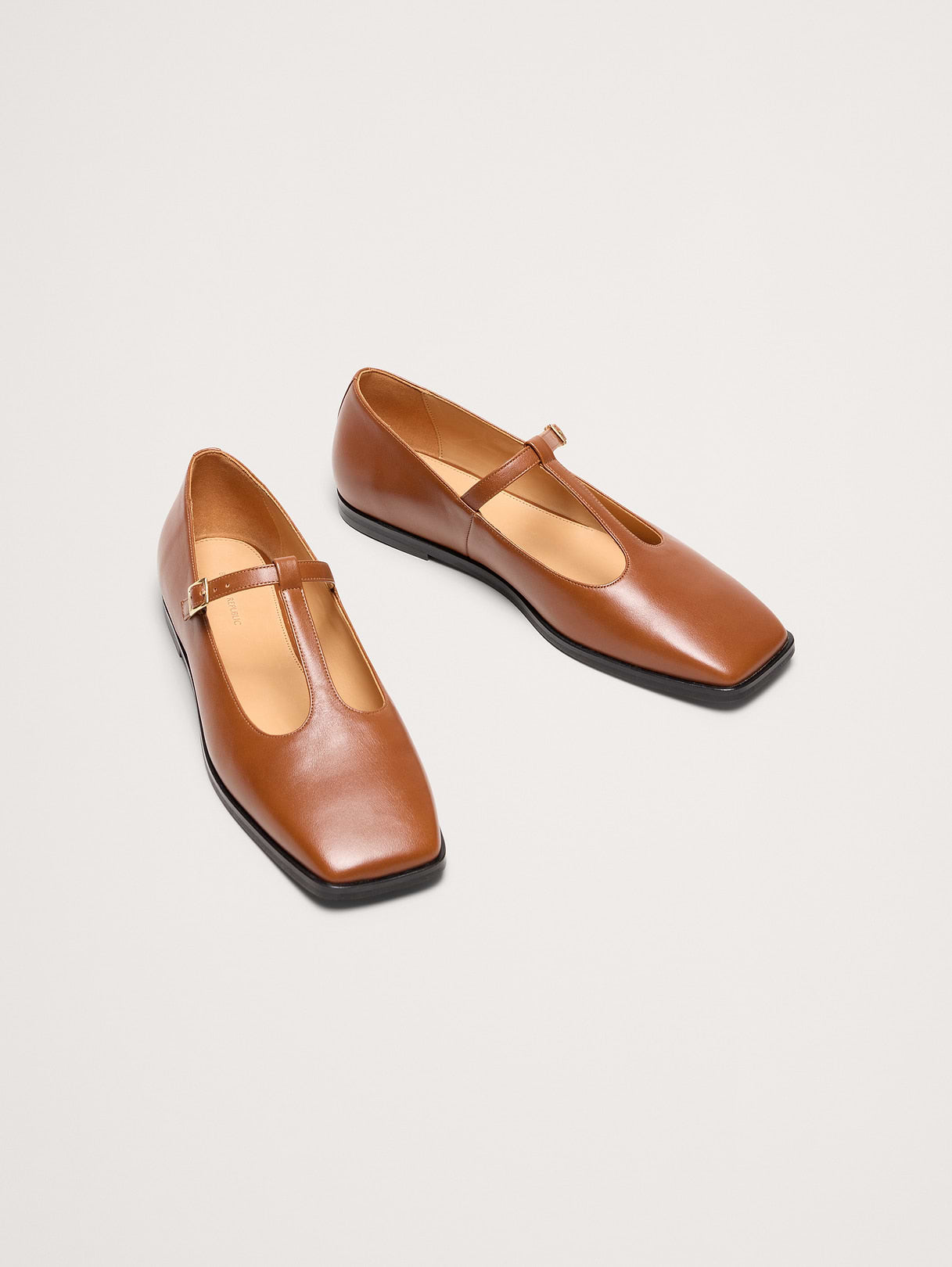 Italian Leather Square-Toe Mary Jane Flats - Cognac Brown