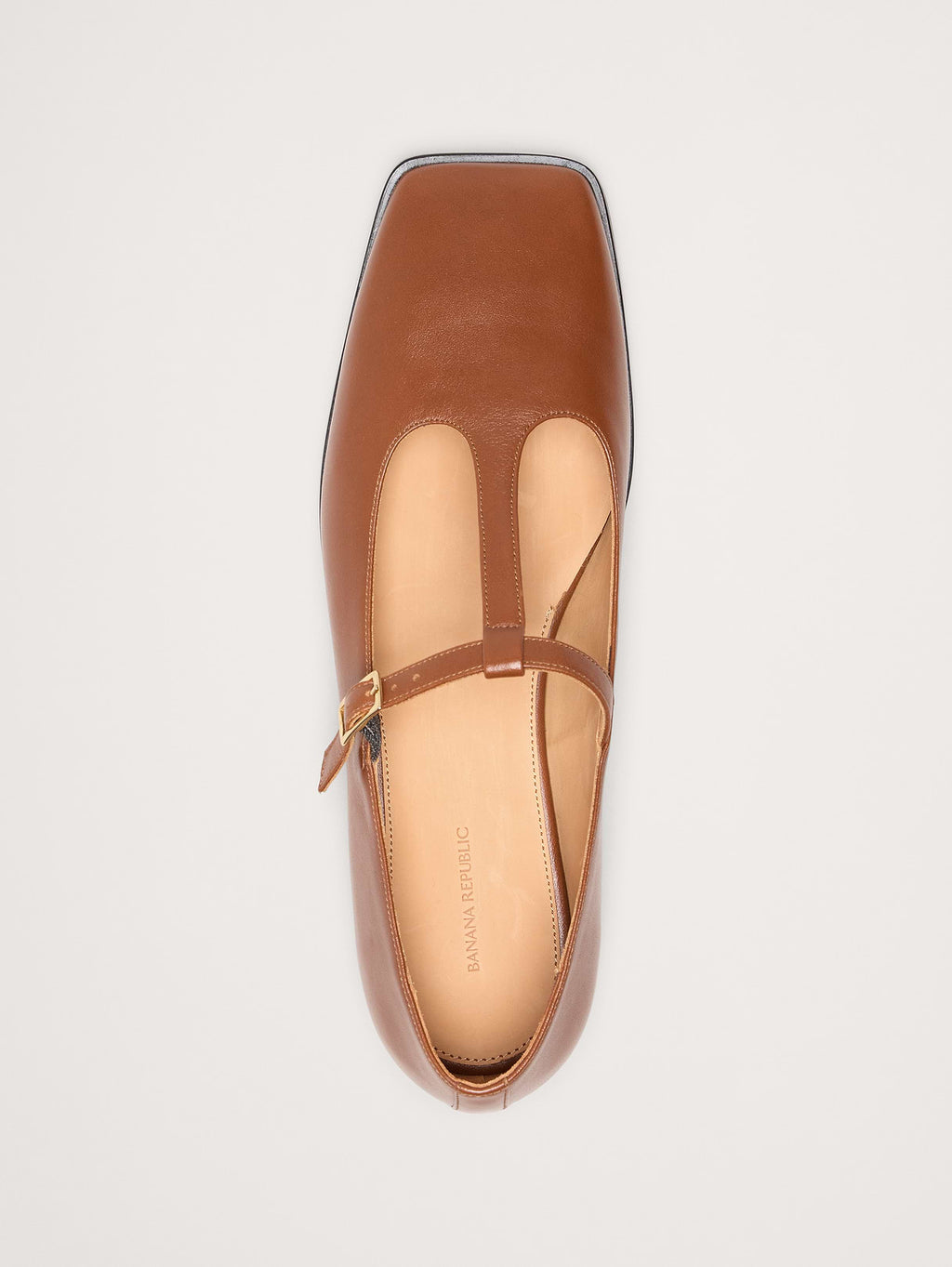 Italian Leather Square-Toe Mary Jane Flats - Cognac Brown